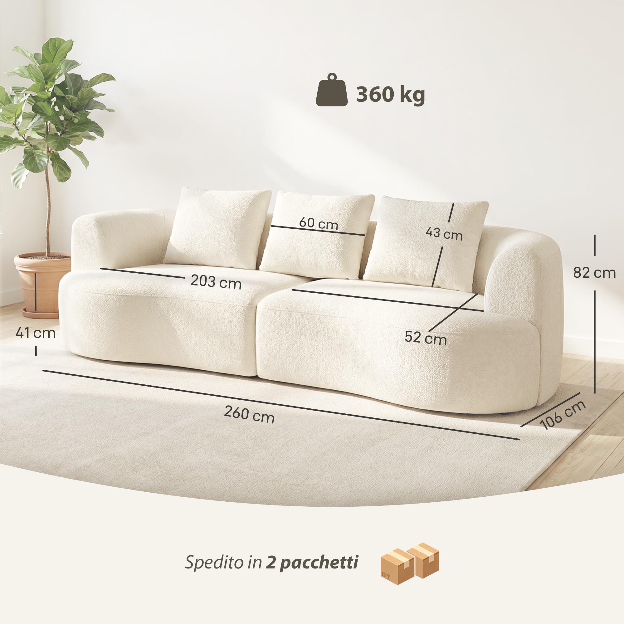 HOMCOM Divano 3 Posti Modulare 260 cm Seduta Ampia Senza Struttura Crema | Imbottitura Spessa, 3 Cuscini, Sofà Compresso Moderno, Ciniglia, Soggiorno, Salotto