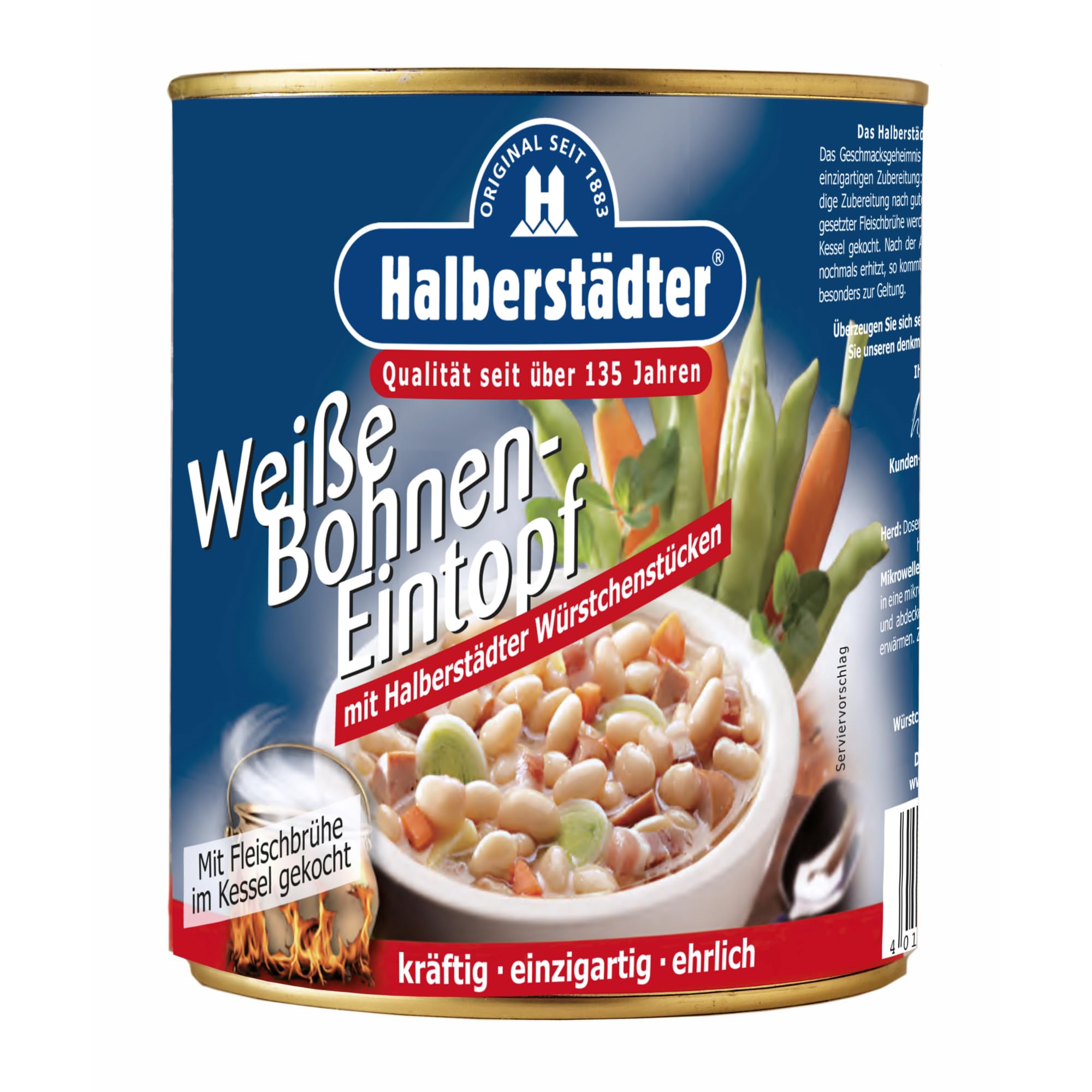 Halberstädter 12x Weiße Bohnen-Eintopf in herzhafter Fleischbrühe eingekocht mit Kartoffeln, Gemüse & original Halberstädter Würstchen