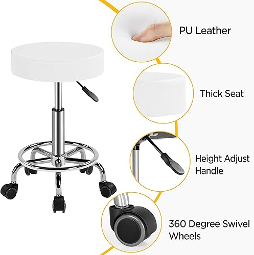 Miniatura 5 de Yaheetech Silla de spa ajustable con ruedas, taburete redondo pequeño, silla de tatuaje, color blanco