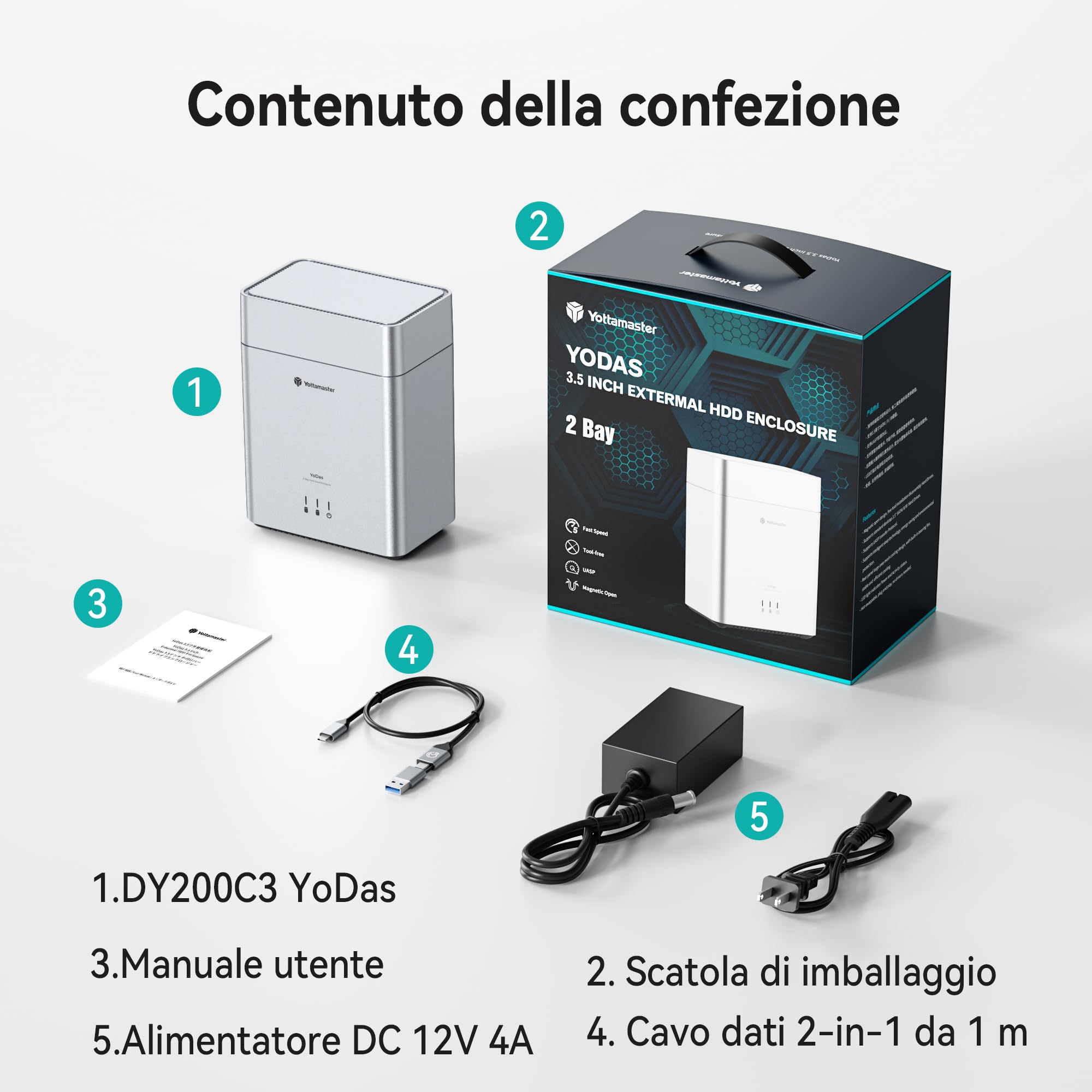 Yottamaster 2 Bay Case per Disco Rigido, 3,5 HDD USB-C 5Gbps, Coperchio Magnetico, Installazione Senza Attrezzi, Fino a 24TB × 2, Ventola da 60 mm, Funzione di Sospensione Automatica (senza RAID)