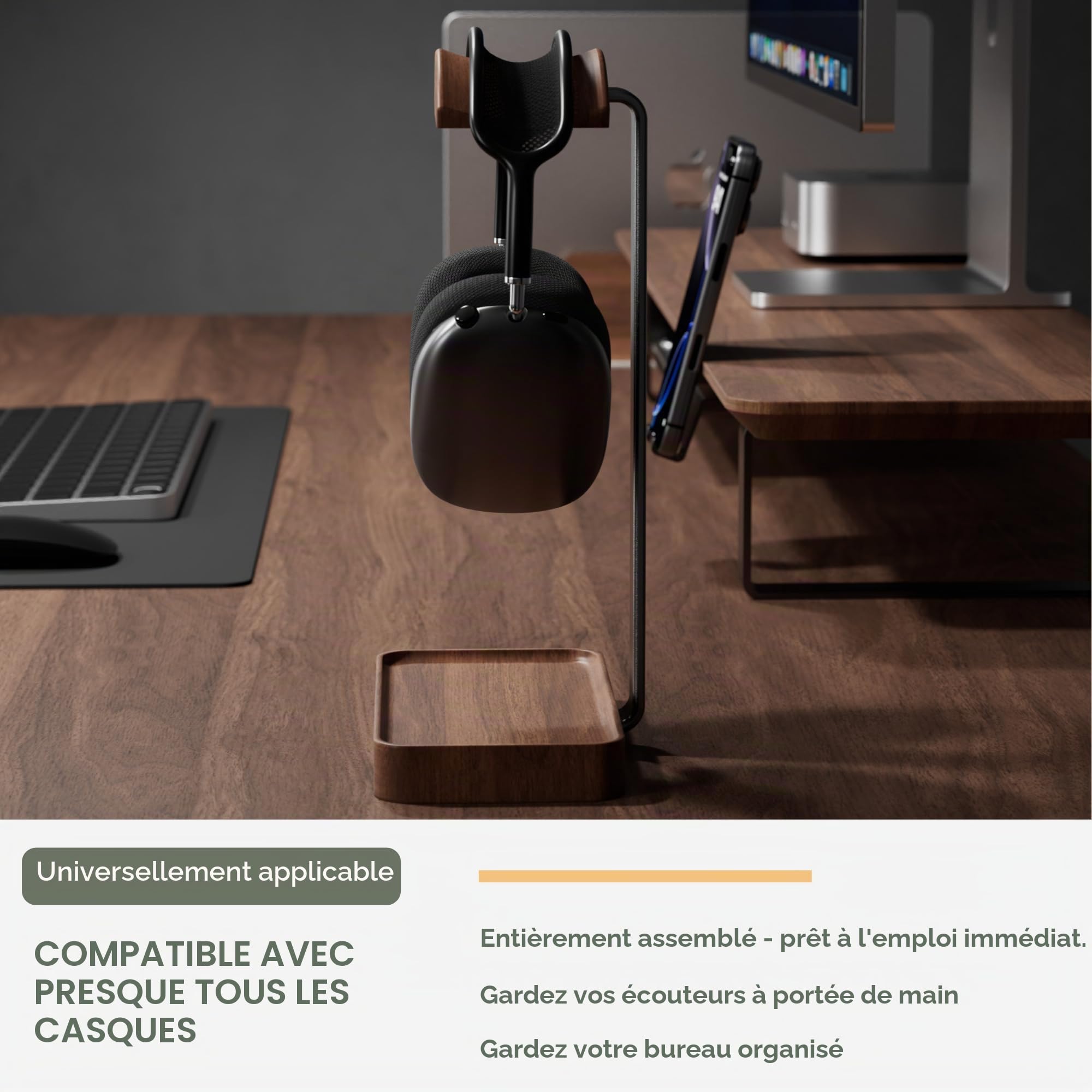 muso wood Support pour casque en noyer, support pour casque en bois avec base de rangement, support pour écouteurs pour le jeu, le bureau et la maison - Compatible avec AirPods Max, Bose, Razer (Noir)