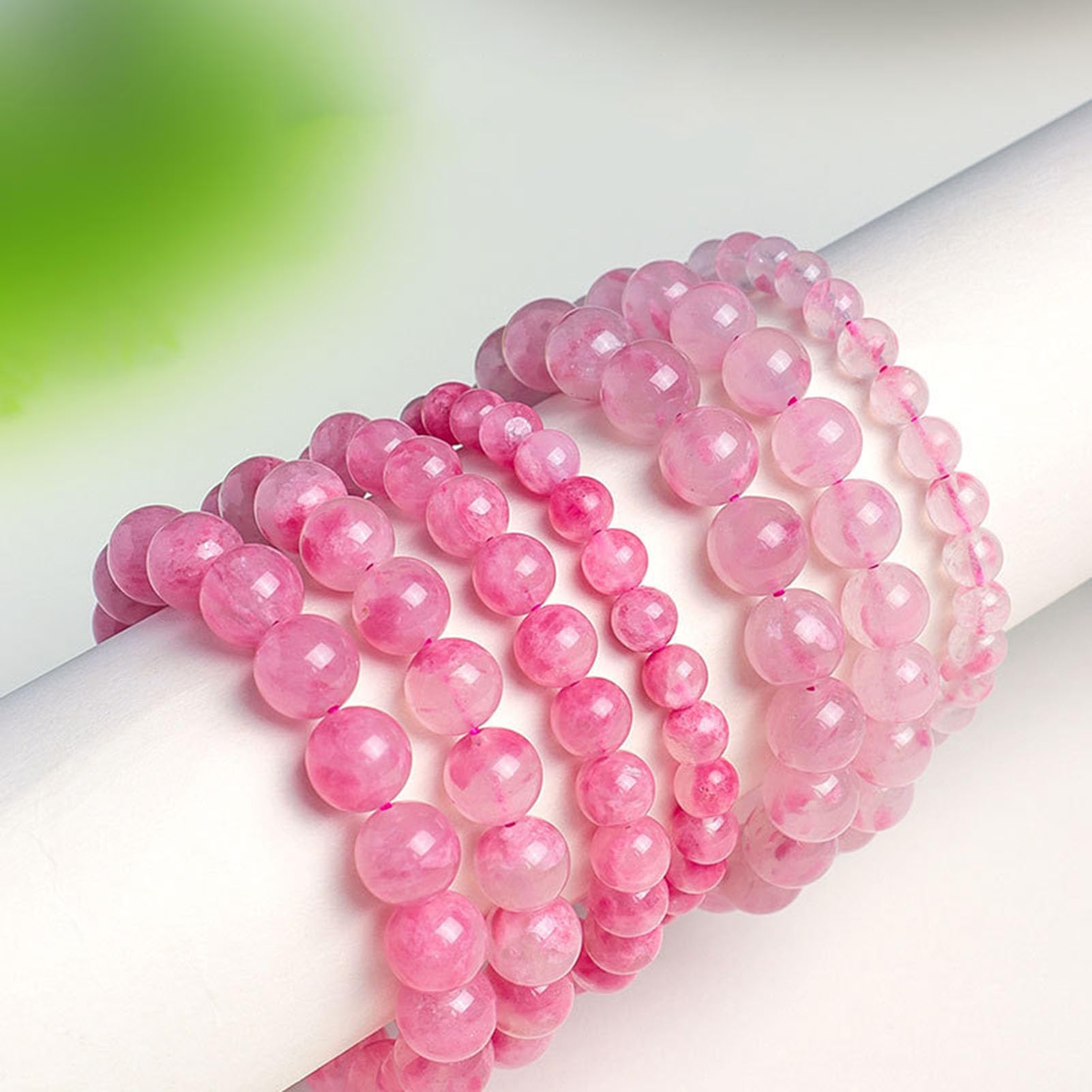 Pulsera de Cuarzo Rosa para Mujer, Cuentas de Piedra de Amor Natural de 6 a 10 mm para compasión y Paz Interior, joyería de Cristal elástico Ajustable con energía Positiva,9MM