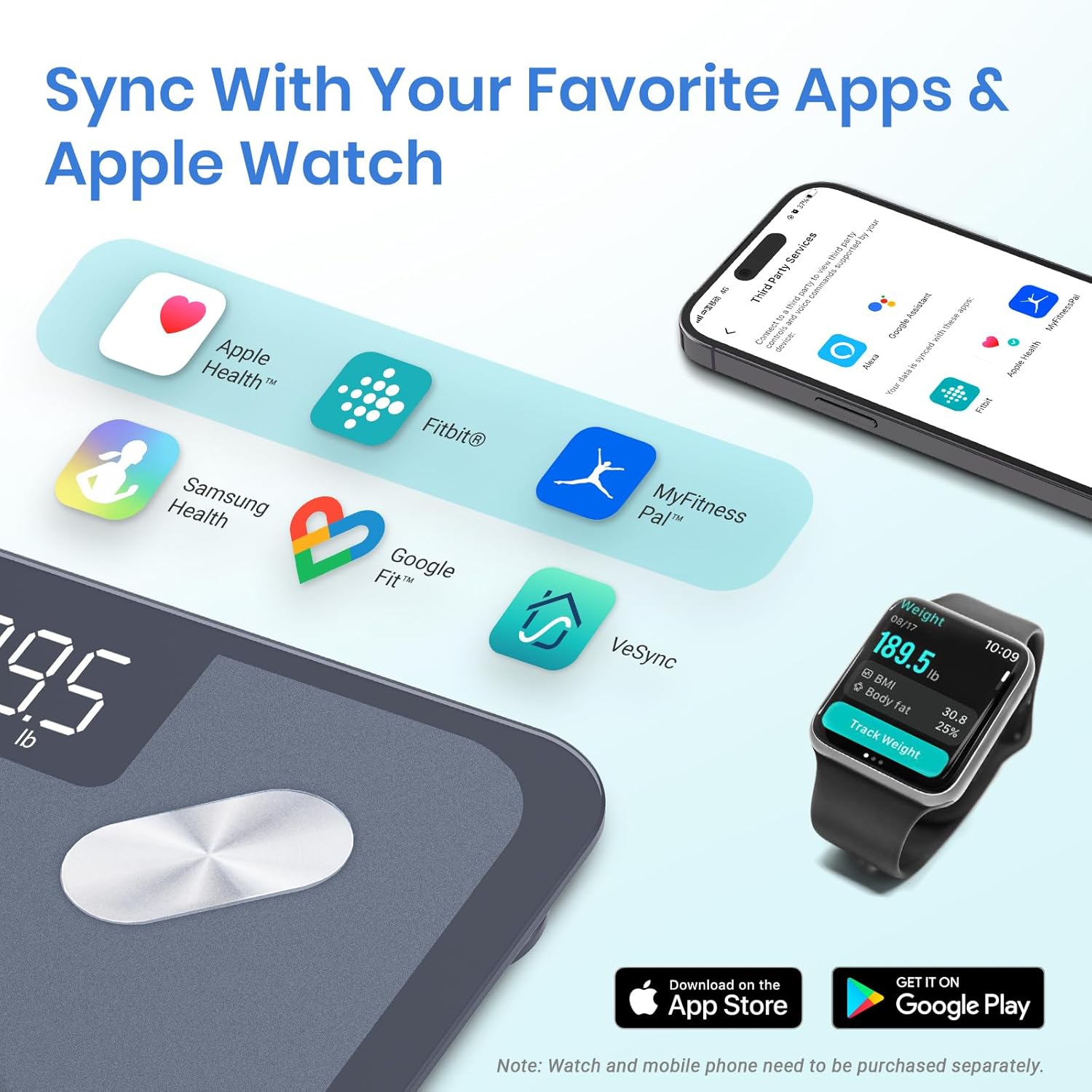 Image showing the Etekcity scale syncing with various apps like Apple Health, Fitbit, Google Fit, MyFitnessPal, and VeSync, along with an Apple Watch.