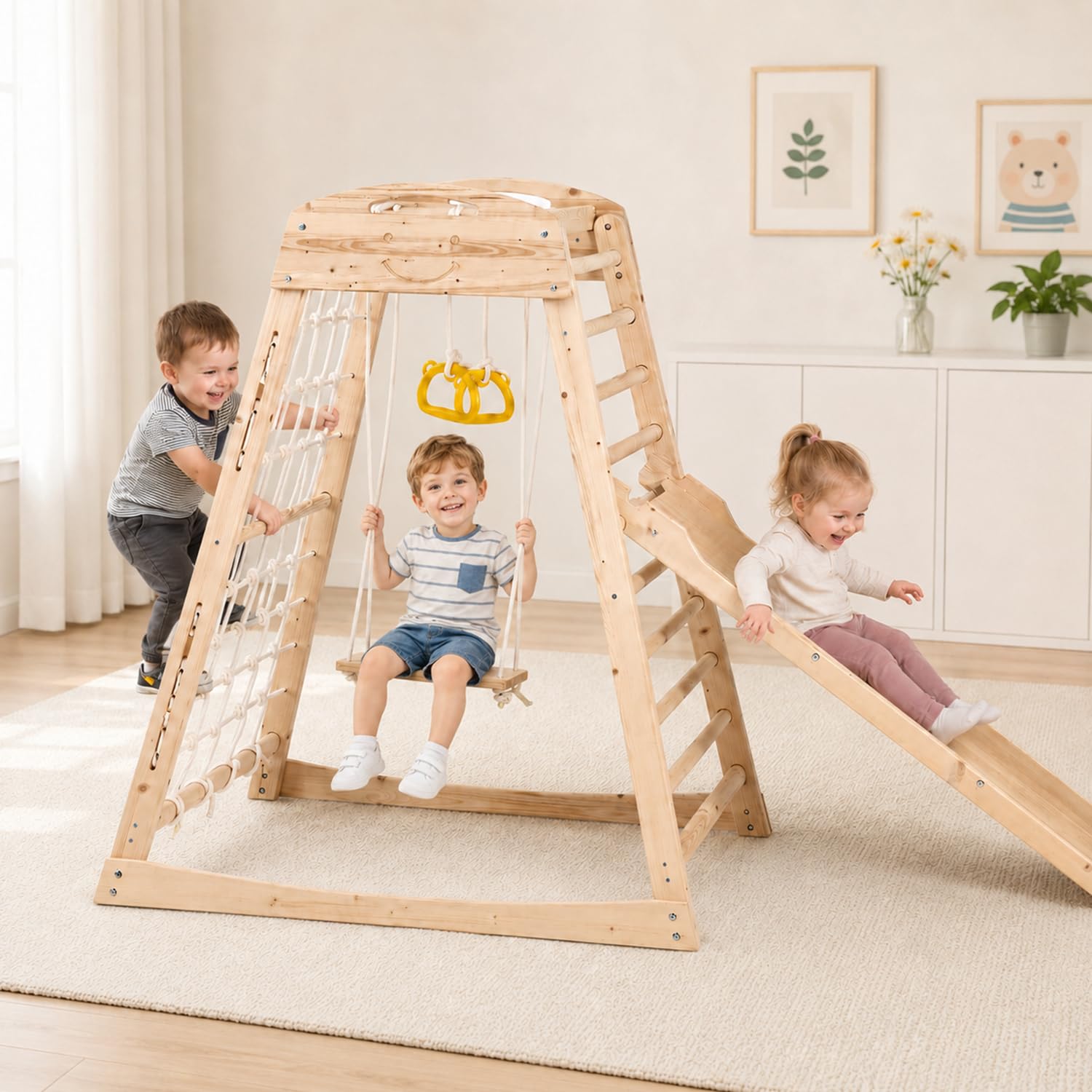 Photo 1 of KizzParnrr Indoor Jungle Gym, Wooden Indoor Playground, (7 in 1) Toddler Climbing Toys, Gym with Slide, Climbing Net, Swing, Gymnastics Ring