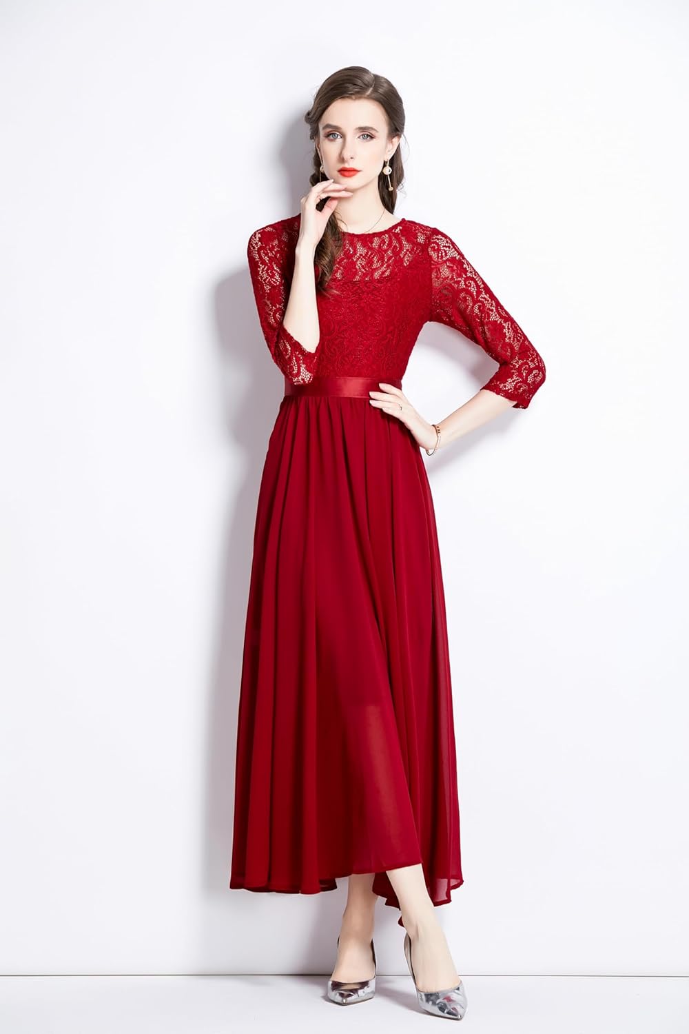 LAI MENG FIVE CATS Women's Flowy Floral Lace Short Sleeve Round Neck Evening Dress - Image 3