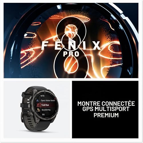 Garmin fēnix 8 Pro, 51 mm, écran AMOLED, Montre Intelligente GPS Multisports connectée, Technologie inReach, Saphir, Titane DLC Gris Carbone avec Bracelet en Silicone Noir/Gris Galet - 8
