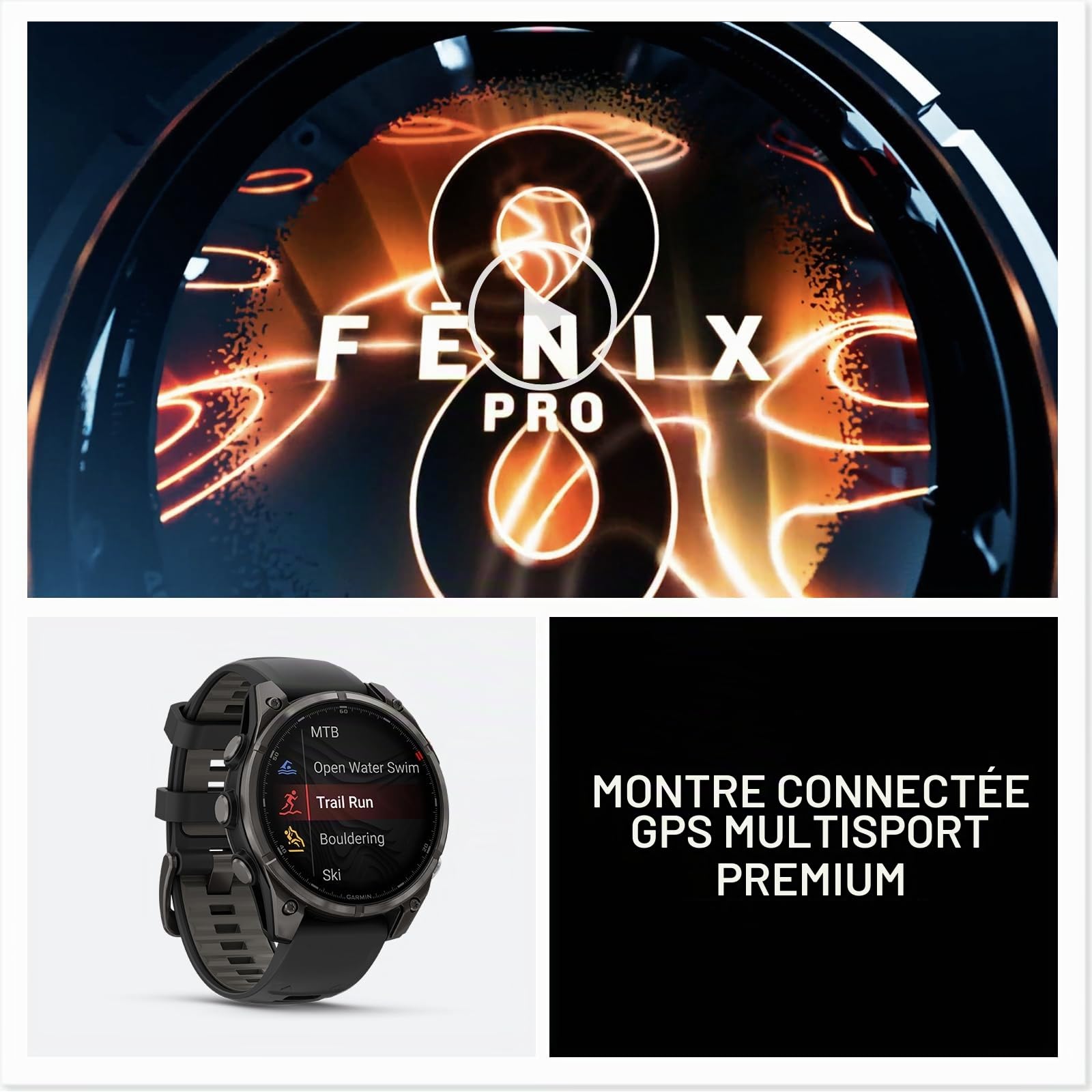 Garmin fēnix 8 Pro, 51 mm, écran AMOLED, Montre Intelligente GPS Multisports connectée, Technologie inReach, Saphir, Titane DLC Gris Carbone avec Bracelet en Silicone Noir/Gris Galet