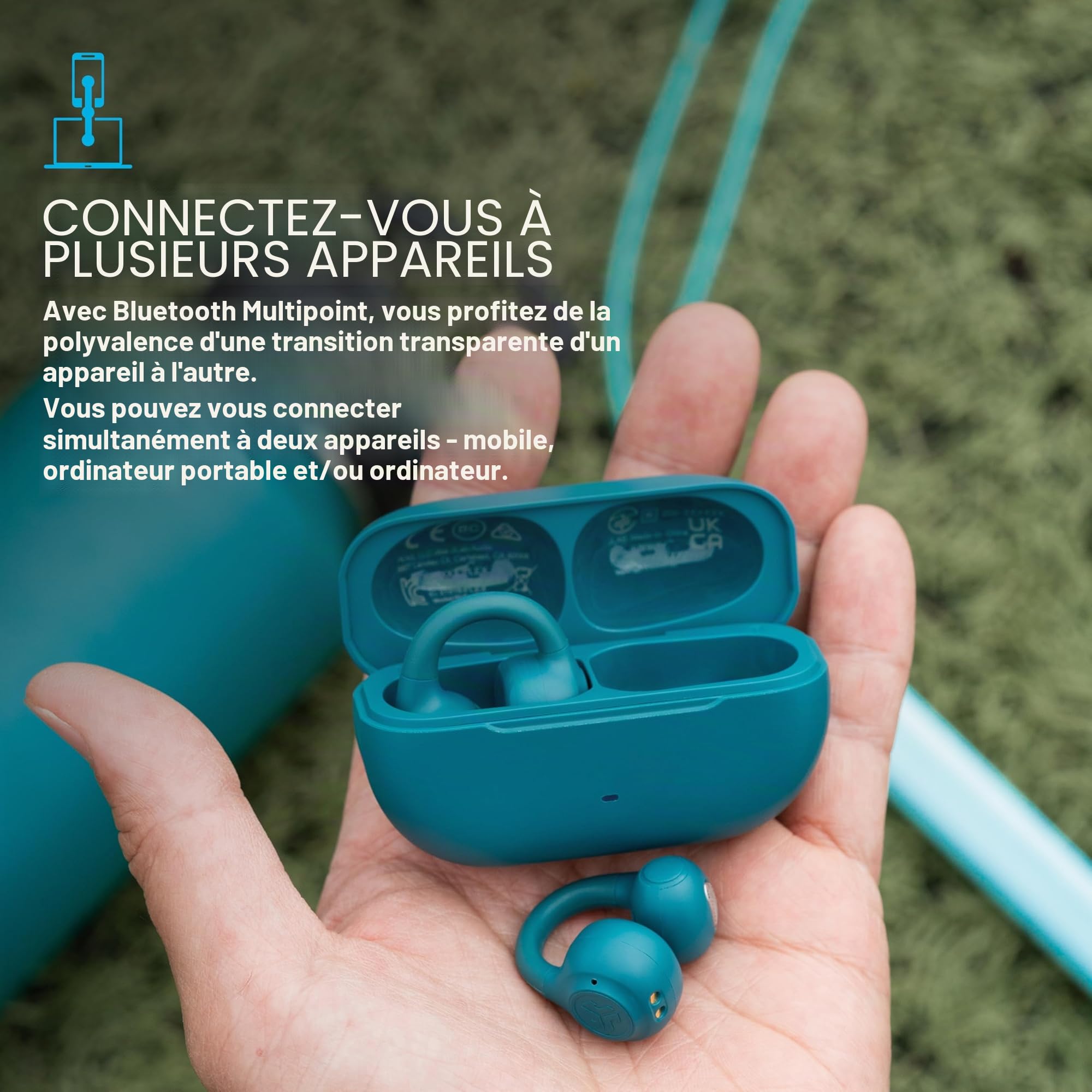 JLab Flex Casque à Oreille Ouverte - Bluetooth Multipoint, Sarcelle | Écouteurs à Oreille Ouverte, Design à Clipser, 21h, Bluetooth Multipoint, Micro, Personnalisation avec Application