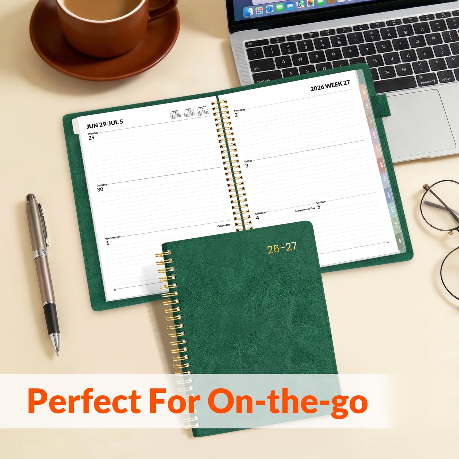 SUNEE Agenda settimanale e mensile 2026-2027, 16,3 x 21,6 cm, 12 mesi (luglio 2026 - giugno 2027), copertina in pelle vegana, calendario accademico, tasca, appunti, scheda mensile, verde scuro