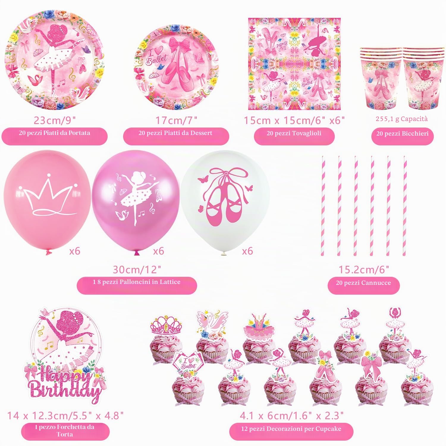 Decorazione di compleanno Ballerina e Balletto, piatti, tazze, asciugamani, tovaglioli, tovaglie, palloncini, decorazioni per torte per feste danzanti di ragazze e donne