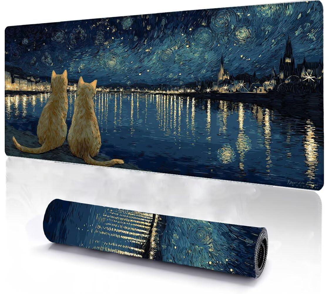 Alfombrilla Ratón XXL 600x1200x3 mm Mouse Pad Grande Gaming El Cielo Estrellado del Gato Alfombrilla Escritorio,Tapete Escritorio Bordes Cosidos, Impermeable Antideslizante Ordenador Desk Mat zj-263