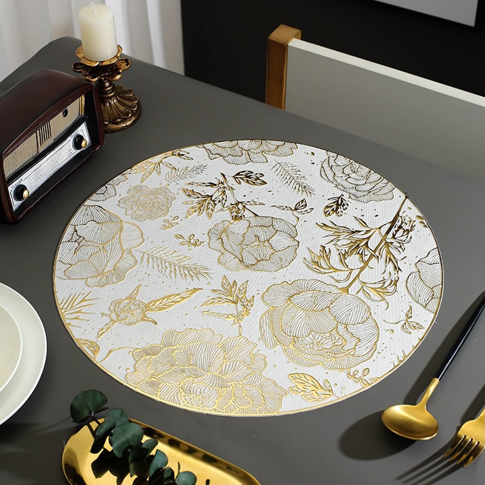 Tischsets Platzsets Retro Vintage 6er Set, Tisch Untersetzer Herbst 38cm Blumen- und Blättermuster PVC Gold