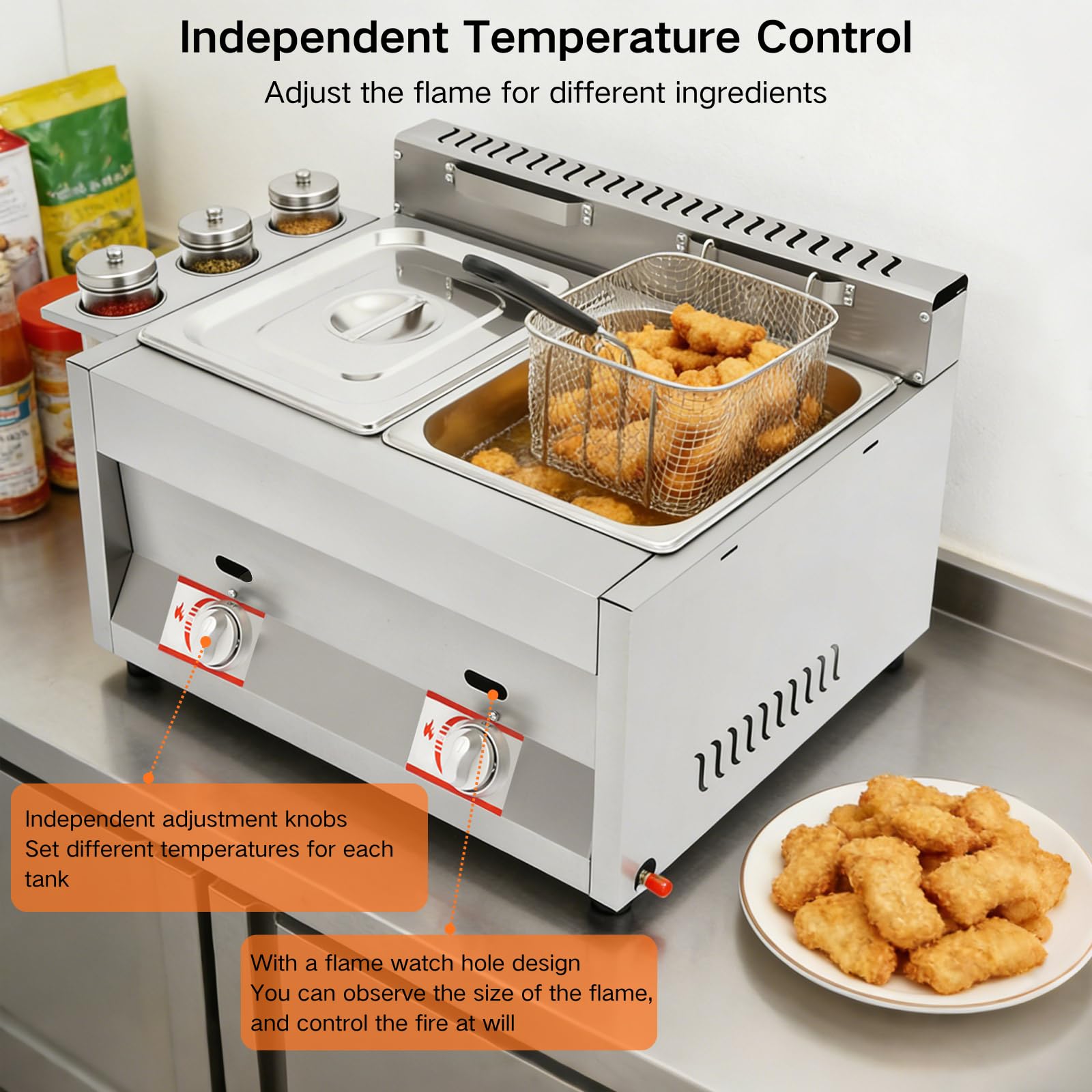 Friteuse à gaz double avec 2 paniers, 2 x 6 l friteuse à gaz professionnelle, plage de température 50-380°C, friteuse à gaz avec 3 gobelets à épices pour les ménages, les restaurants, les