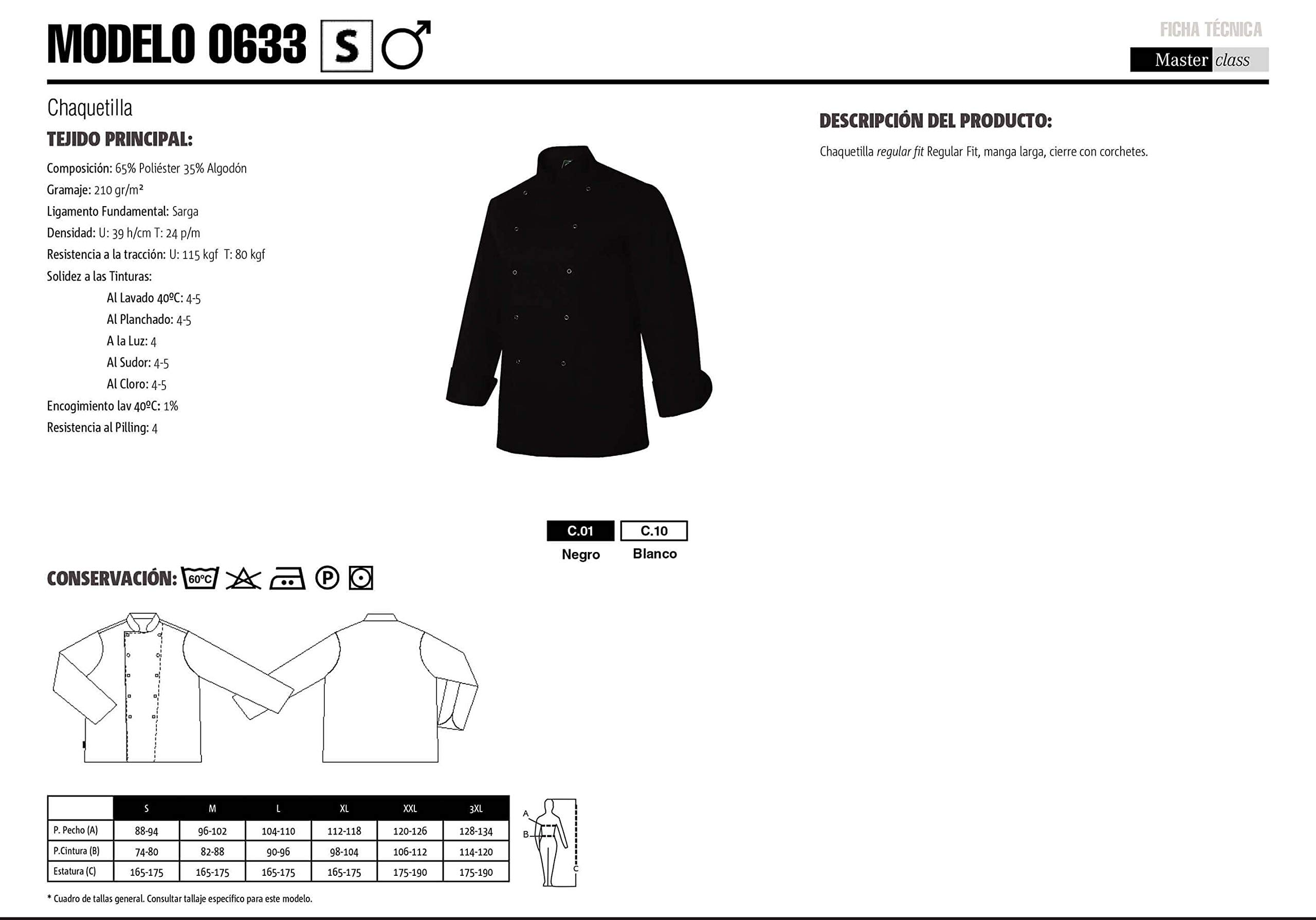 Chaquetilla Cocinero Hombre De Manga Larga Diseño Regular Fit. Color Negro. Ropa Cocina/Hostelería. Talla 50. Ref: 633
