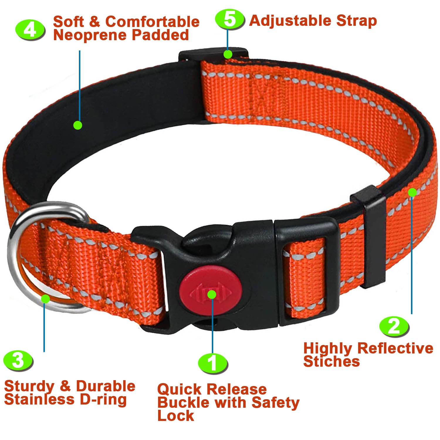 ATETEO Dog Collar, Reflective Dog Collar, Padded Breathable Soft Neoprene Nylon Pet Collar Adjustable for Medium Dogs Orange - Image 2