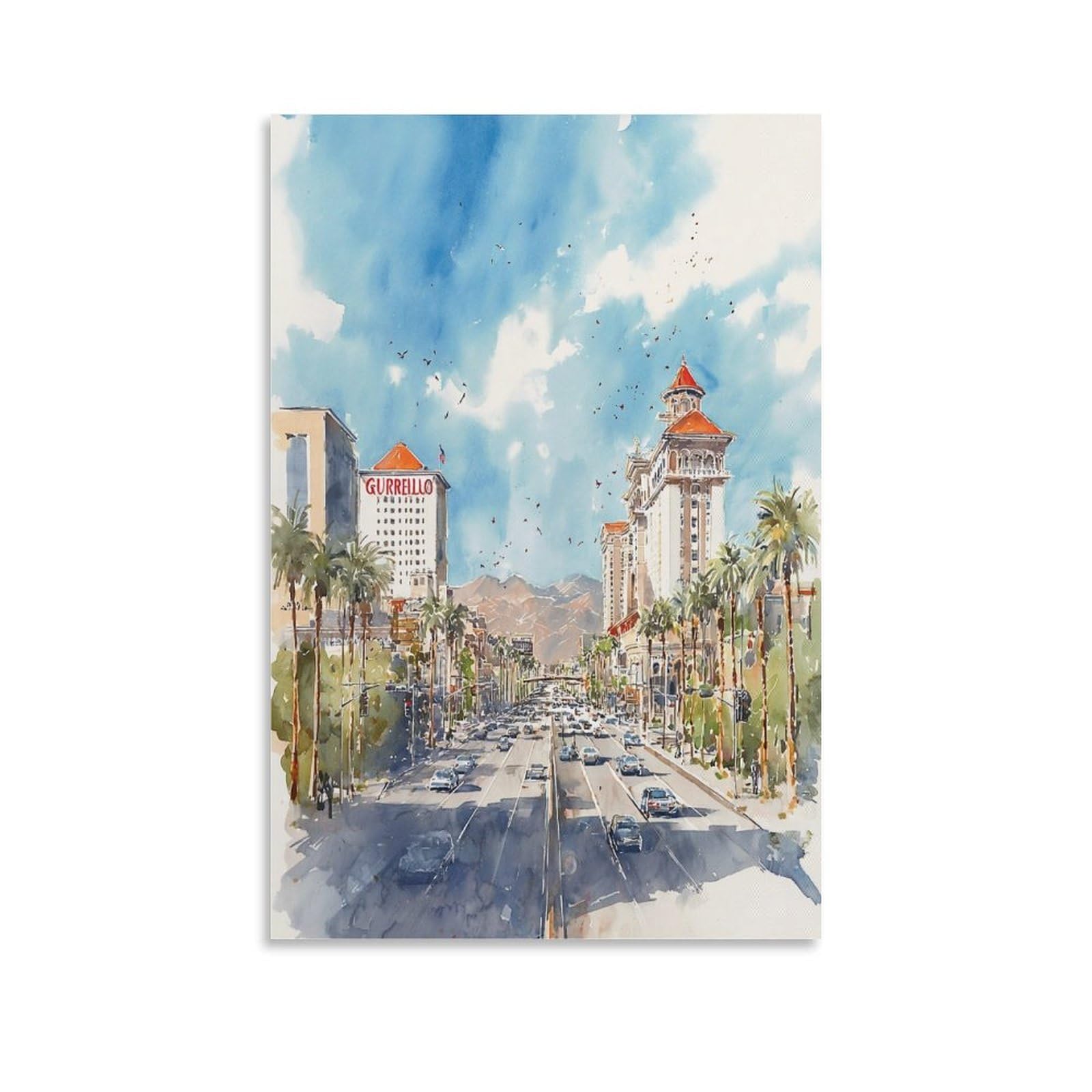 XWYMXZ Las Vegas City 24x36inch(60x90cm) Vintage Travel Poster Watercolor Canvas Art