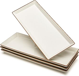 Sweese Rectangular Porcelain Platters, Vanilla White with Brown Trim, Serving Trays for Parties, 13.8 Inch Large Serving Dishes for Steak, Taco, Sushi, Appetizer - Dishwasher & Oven Safe - Set of 4