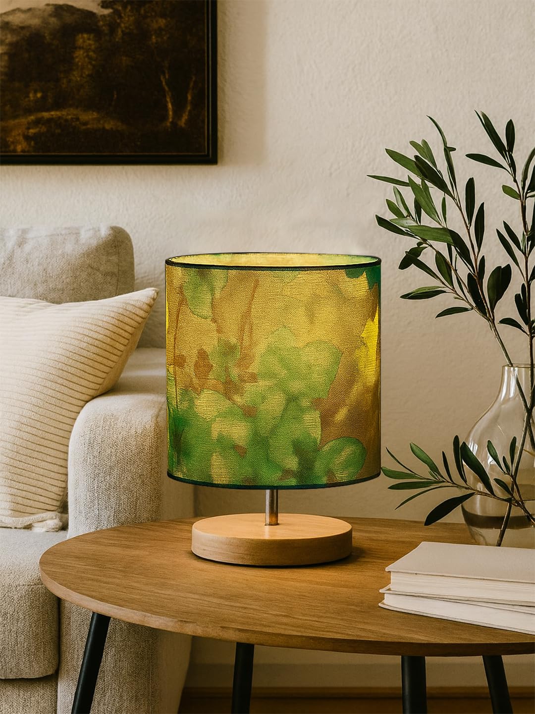Printed Table Lamp for Home Décor | Warm LED Night Lamp with Wooden Base | Decorative Bedside Lamp for Living Room, Bedroom & Study | Botanical Pattern Fabric Shade (Wild Meadow)-image-24