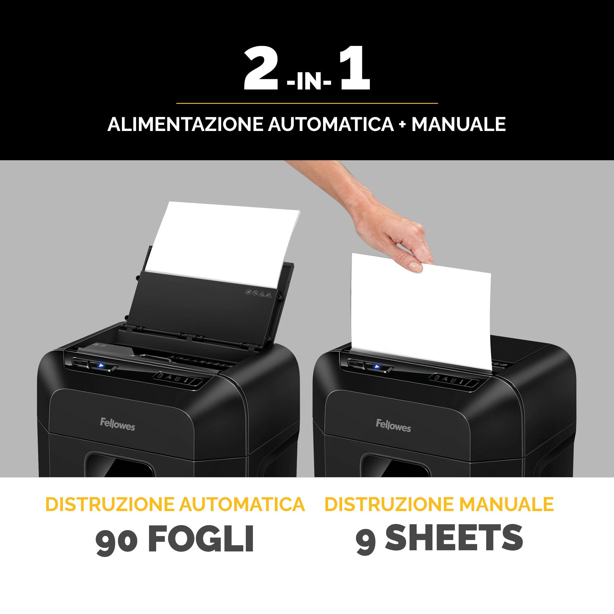 Fellowes Distruggi documenti AutoMax 90M a miniframmento, 90 fogli in modalità automatica, 9 fogli manuale, per casa e piccolo ufficio, cestino da 17 litri, modalità riposo, sicurezza P4, nero