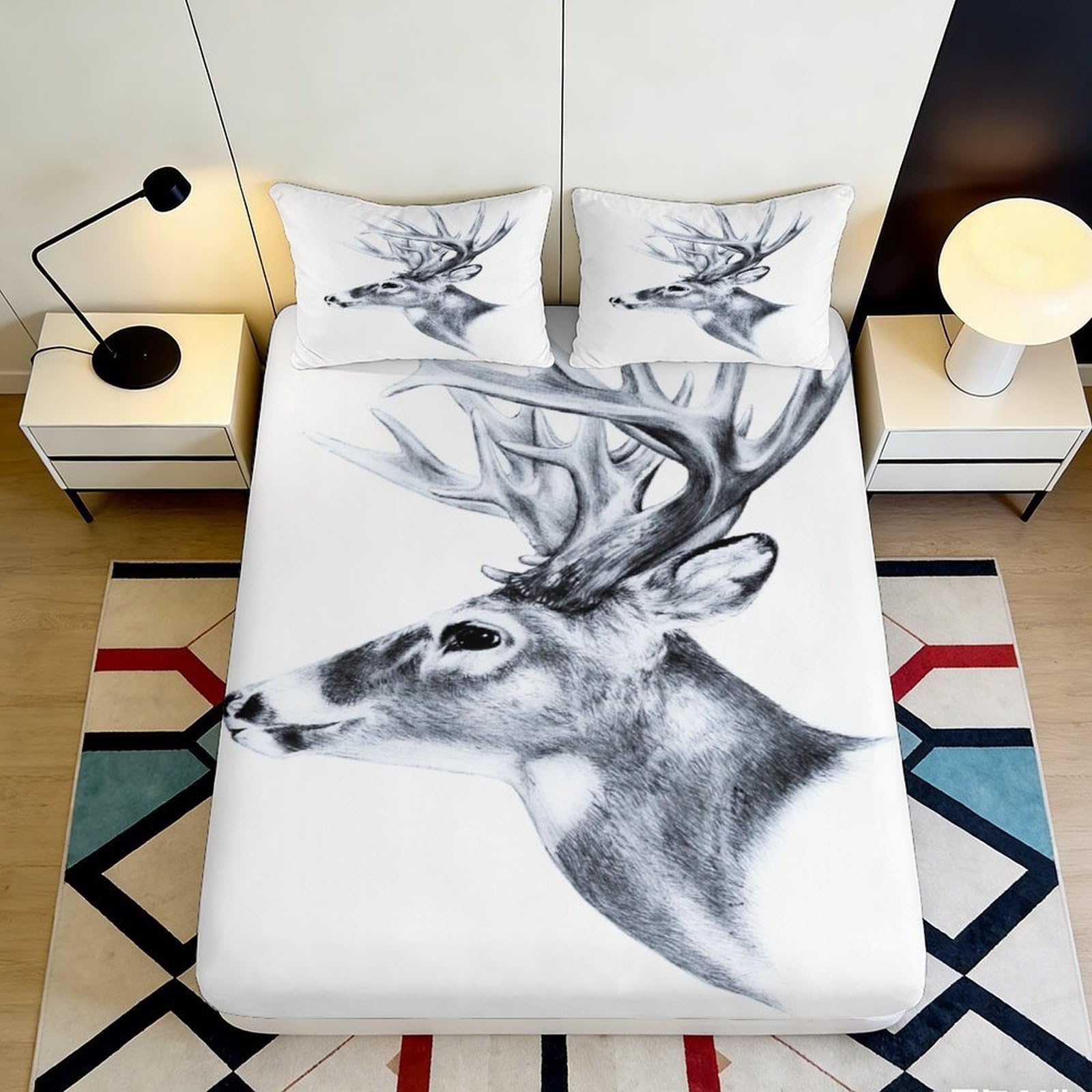 3D Printed Deer Antlers Fitted Sheet Microfiber Soft Breathable Stag Animal Mattress Cover for Bedroom Guest Room Decor 90x200x25cm