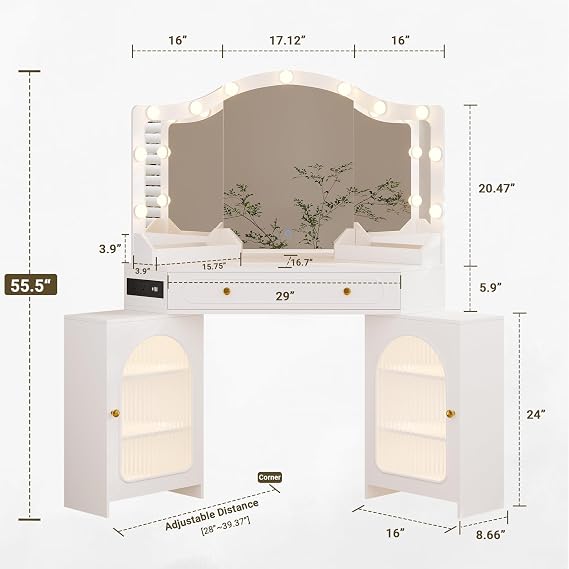 Corner Vanity Desk with 3 Way Mirror & LED Lights, Makeup Table with Charging Station, Storage Drawers & Cabinets, Modern Dressing Table for Bedroom, Women & Girls Gift (Bulb White)