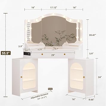 Corner Vanity Desk with 3 Way Mirror & LED Lights, Makeup Table with Charging Station, Storage Drawers & Cabinets, Modern Dressing Table for Bedroom, Women & Girls Gift (Bulb White)