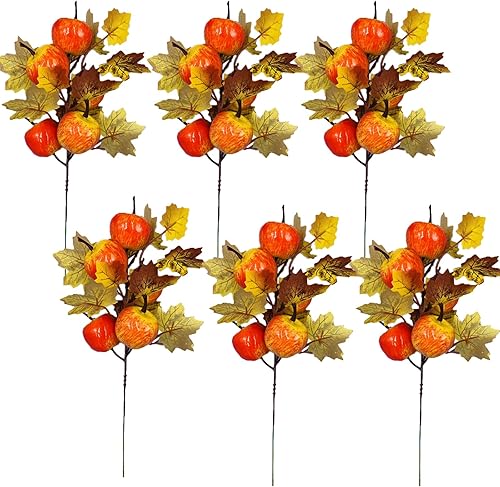 6 palillos florales de otoño, hojas de arce artificiales de 9.4 pulgadas, tallos de calabaza, bayas, tallos de calabaza para jarrones, selecciones