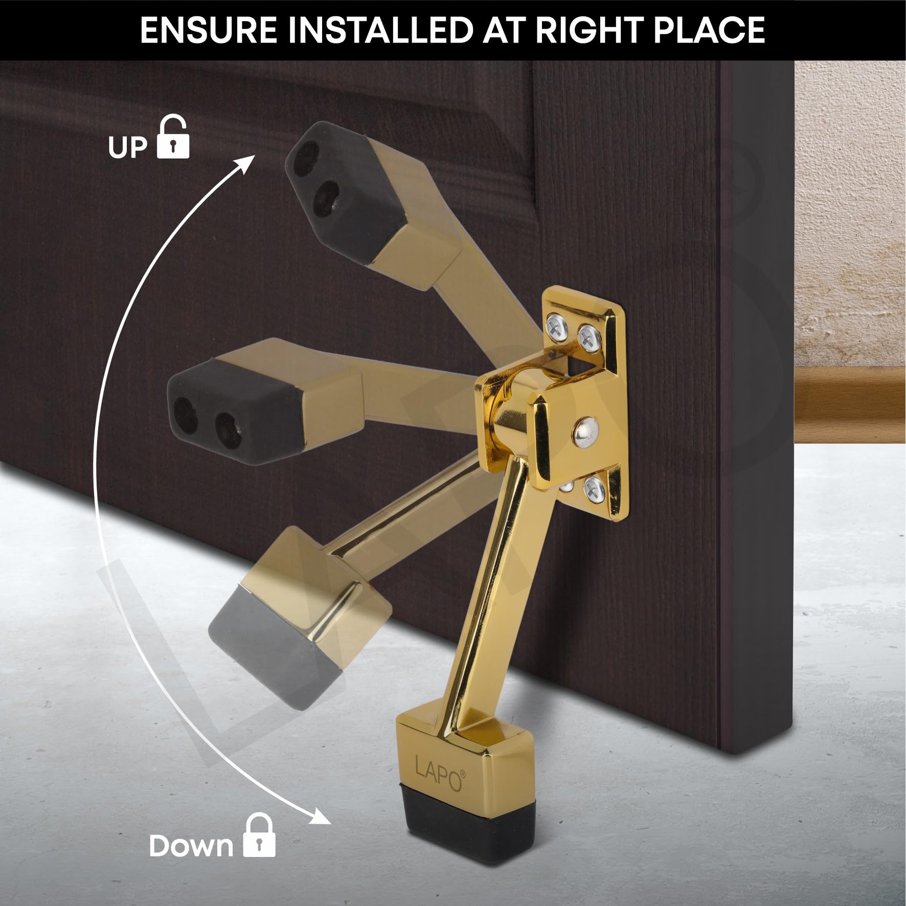 LAPO Premium 5-Inch Rubber Door Stopper with Screw | Heavy Duty Wooden Door Stopper for Home, Office, Hotel | Gold Finish | Strong Grip Door Holder for All Surfaces (Pack of 1) 3