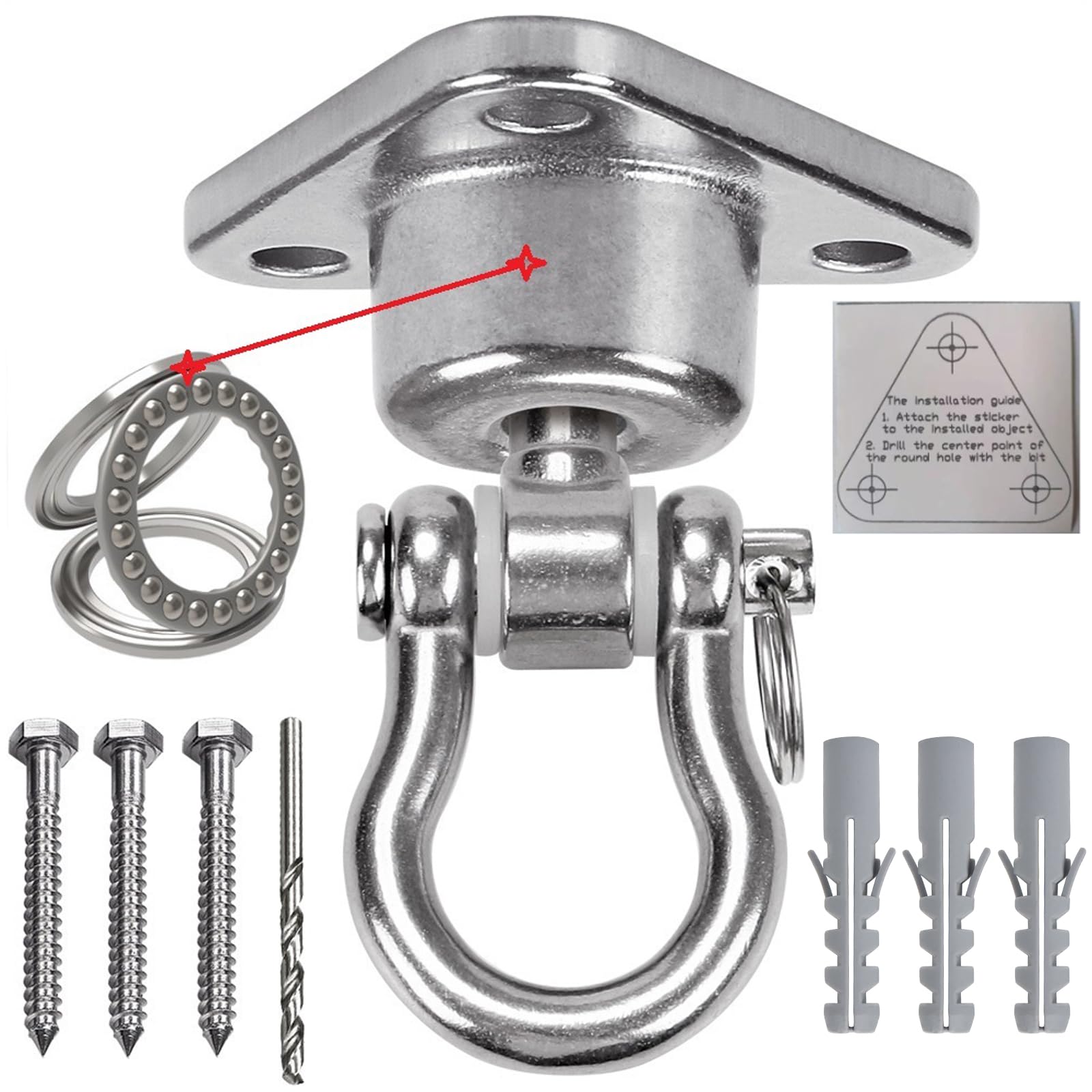360°Drehbar Schaukelhaken,Mit leichtgängigem Schwenklager Edelstahl Schwerlast Deckenhaken Hängesessel,675 kg Kapazität für Hängematten,Slingtrainer,Yoga,Schaukel,Sandsäcke