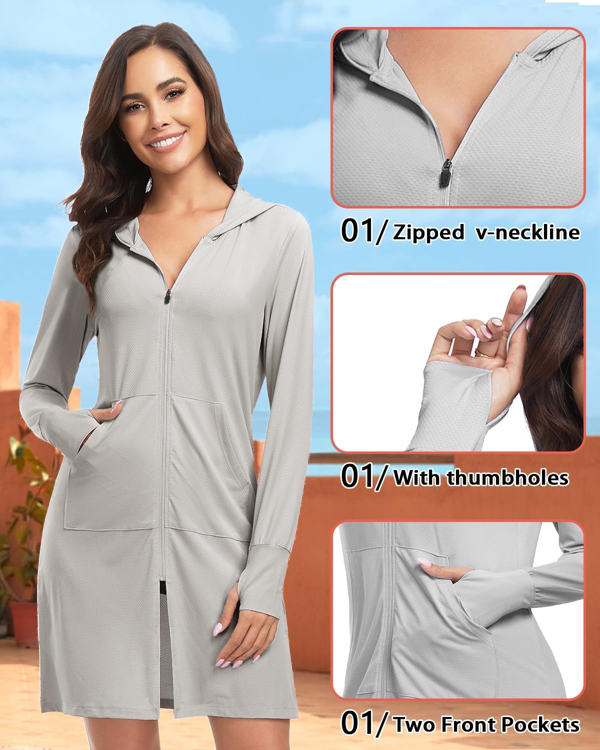 WOWENY UPF 50+ Swim Cover Up Beach Jacket for Women SPF Sun Protection Hoodie Lightweight Long Shirt Swimsuit Coverup - Image 5