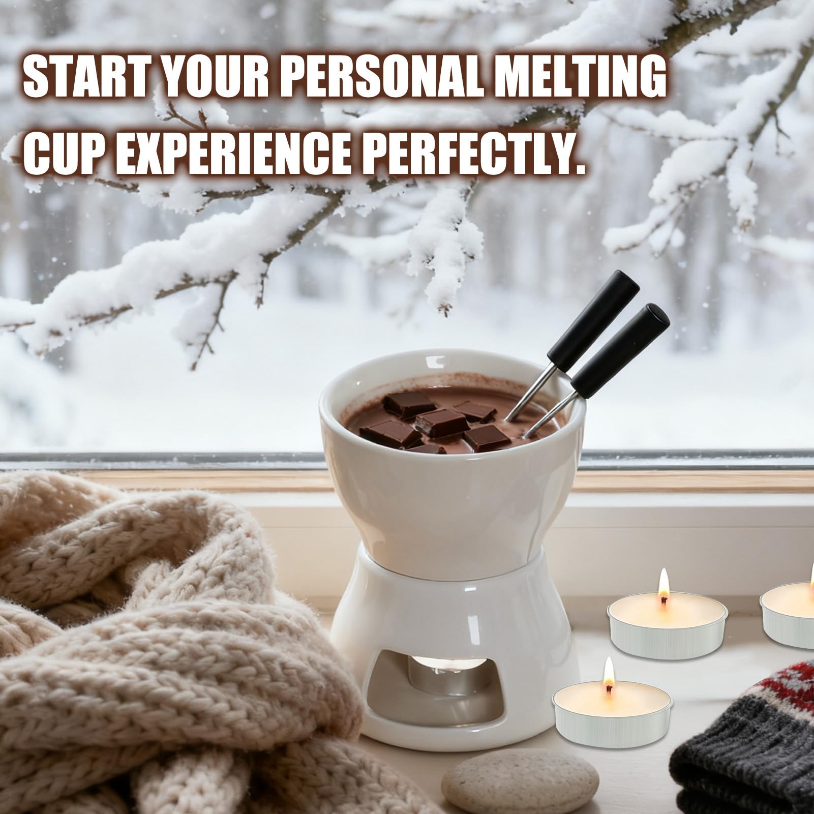 Dongcill Taza para Fondue de Chocolate,300 ml,de Cerámica,con 4 Tenedores y 5 Velas de té para 4 Personas,Paras Queso,Mantequilla,Caramelos