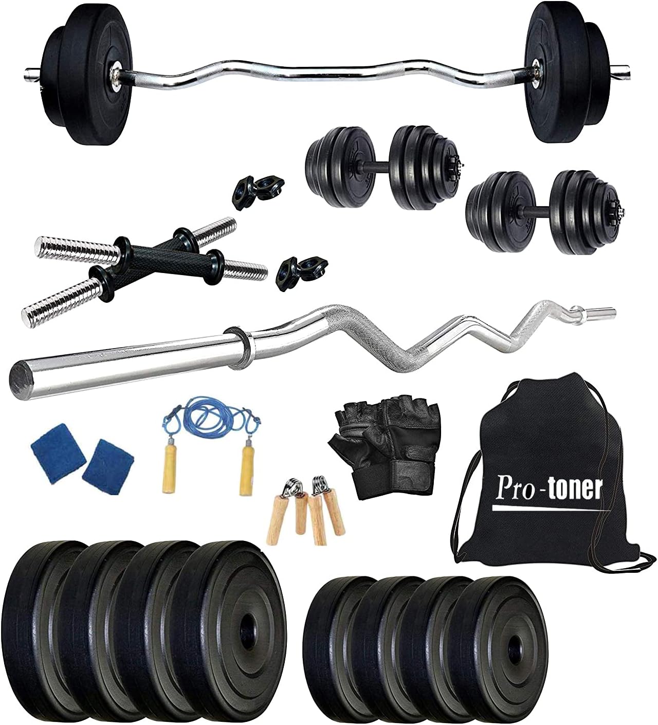 PROTONER 12 KGS + 3' CURL Rod & 2 Dumbbell Rods Weight Lifting Home Gym Fitness Package