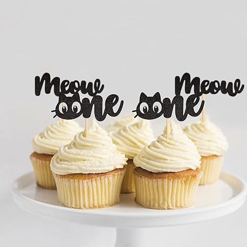 Miniatura 4 de Cyodoos 24 piezas de decoración para cupcakes Cat One con purpurina negra, para primer cumpleaños, para amantes de los gatos, gatitos, baby shower,