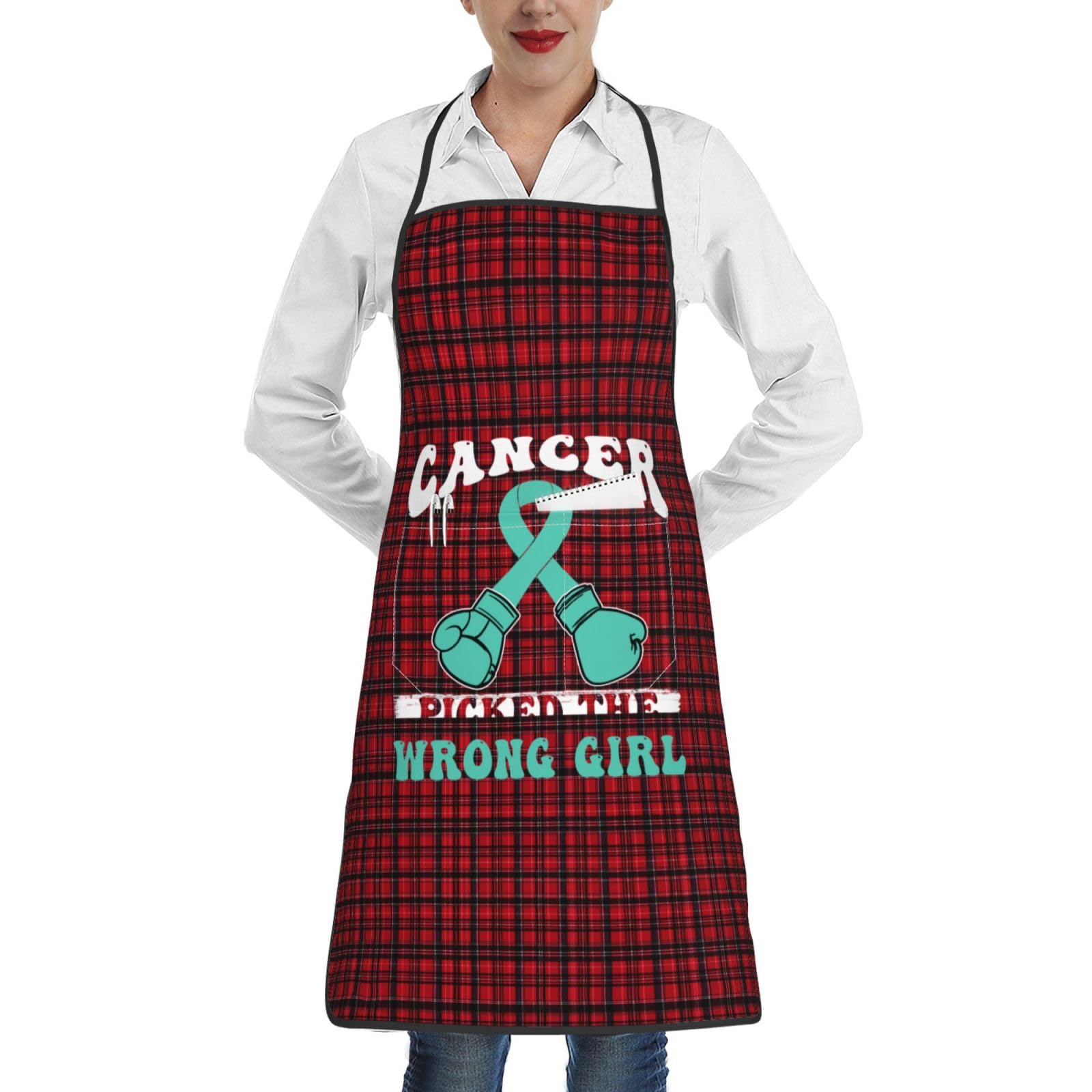 nopicsn Cancer Picked The Wrong Girl Ovarian Cancer Apron for cooking with Pockets Women Men Kitchen Chef Funny Aprons