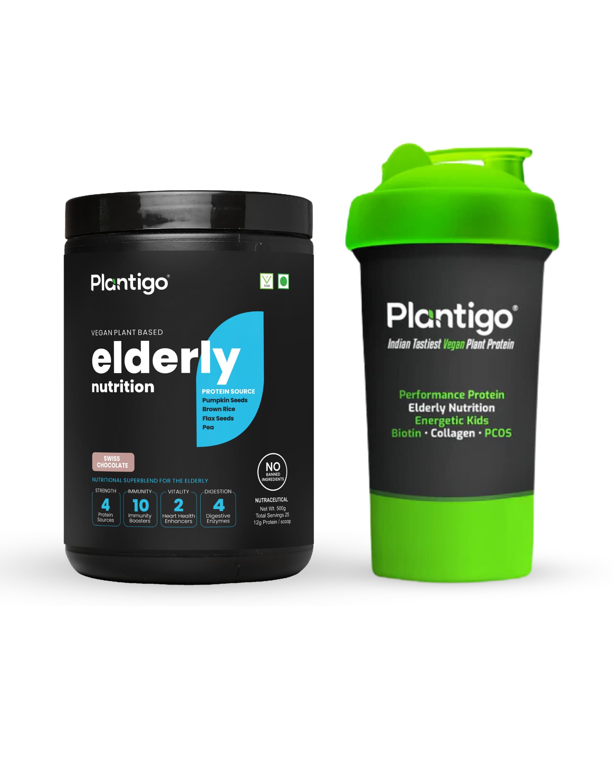 Plantigo Superior 51+ Plant Protein Powder for Seniors | Elders, Old Men & Women | No Sugar, Low Calories | Pea Protein, Oats | Heart & Muscle Health (Swiss Chocolate - 500g) + Shaker Bottle 600ml