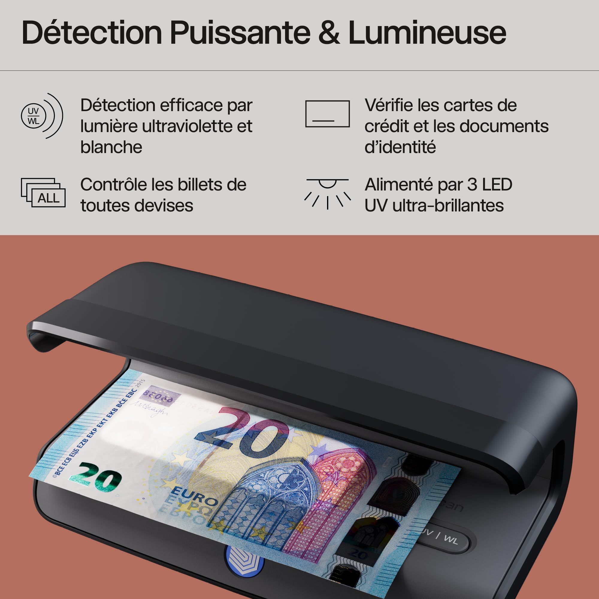 Safescan 75 LED Détecteur de faux billets UV & lumière blanche ultra-lumineuse – Détecteur de faux billet vérifie aussi cartes bancaires et ID – Machine à billet avec triple détection – Détecteur UV