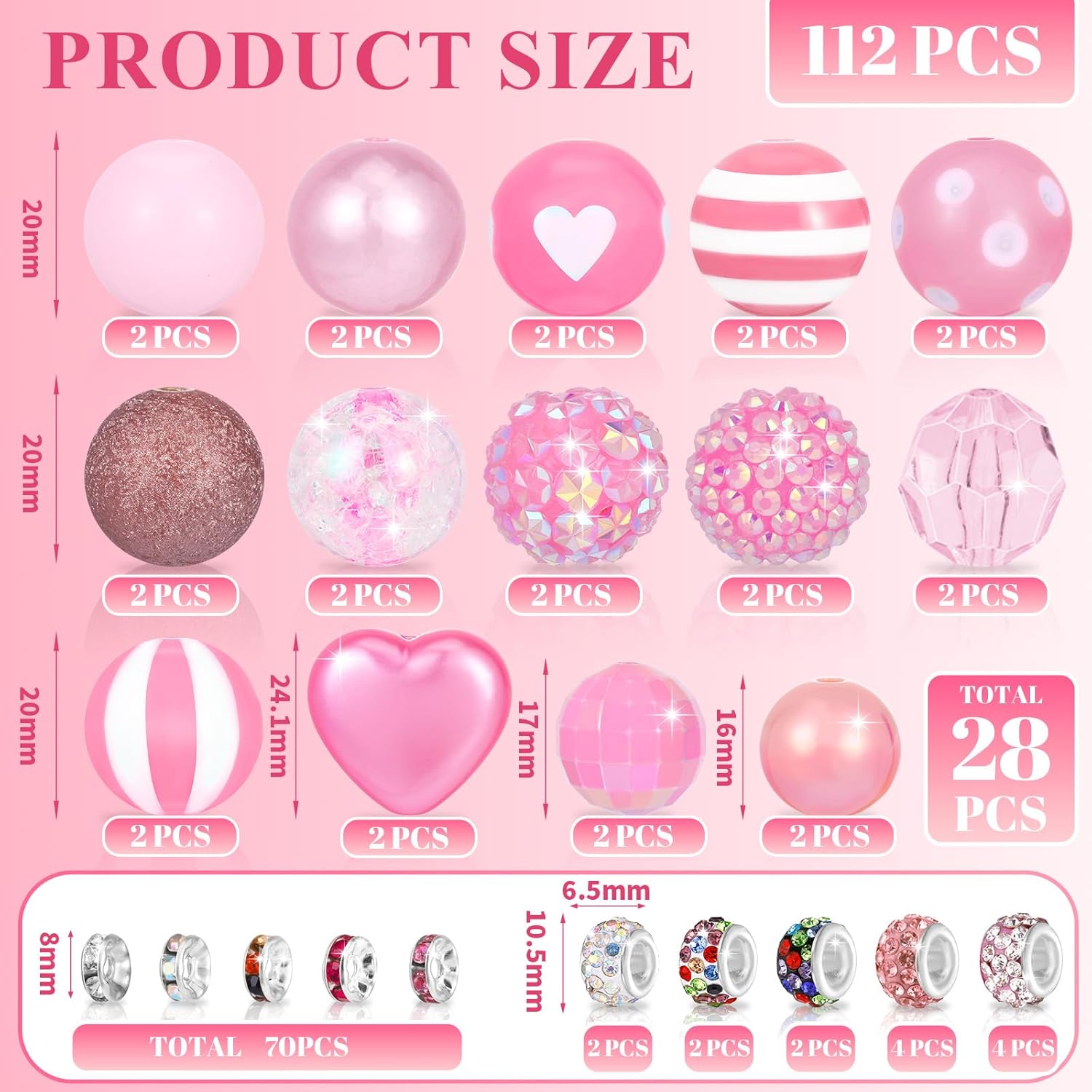 112 Pcs Beads for Pens, Included 28 Pcs 16/17/20mm Chunky Bubblegum Beads for Pen Making, 84 Pcs Spacer Bead for DIY Beadable Pen, Rhinestone Bead for Jewelry Making - Image 2