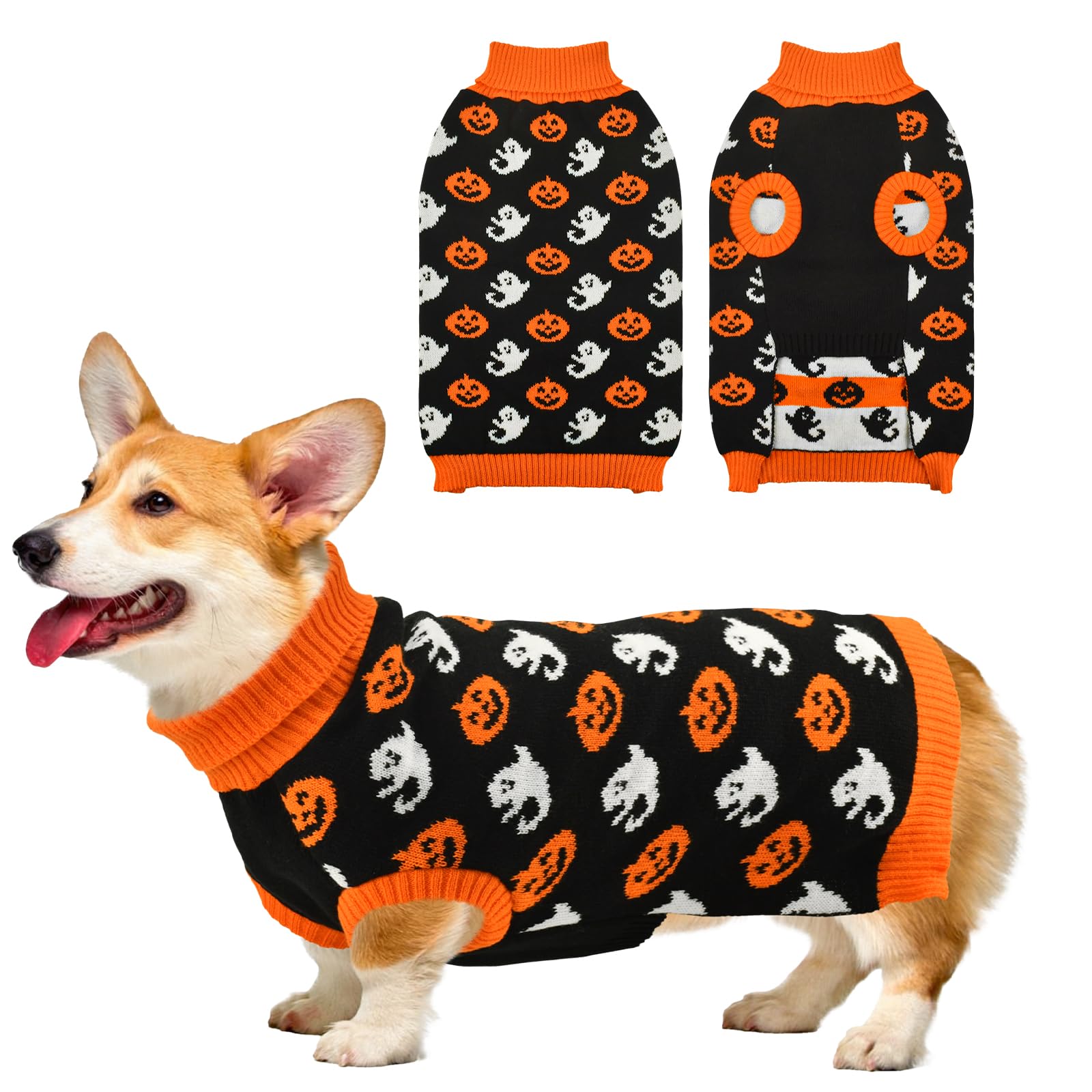 Vehomy Dog Halloween Sweater Pet Pumpkin Ghost Costume Pet Dog Cat Pumpkin Turtleneck Knitwear Shirt Pullover Dog Puppy Halloween Clothes for Small Medium Dogs Cats XL — image 1