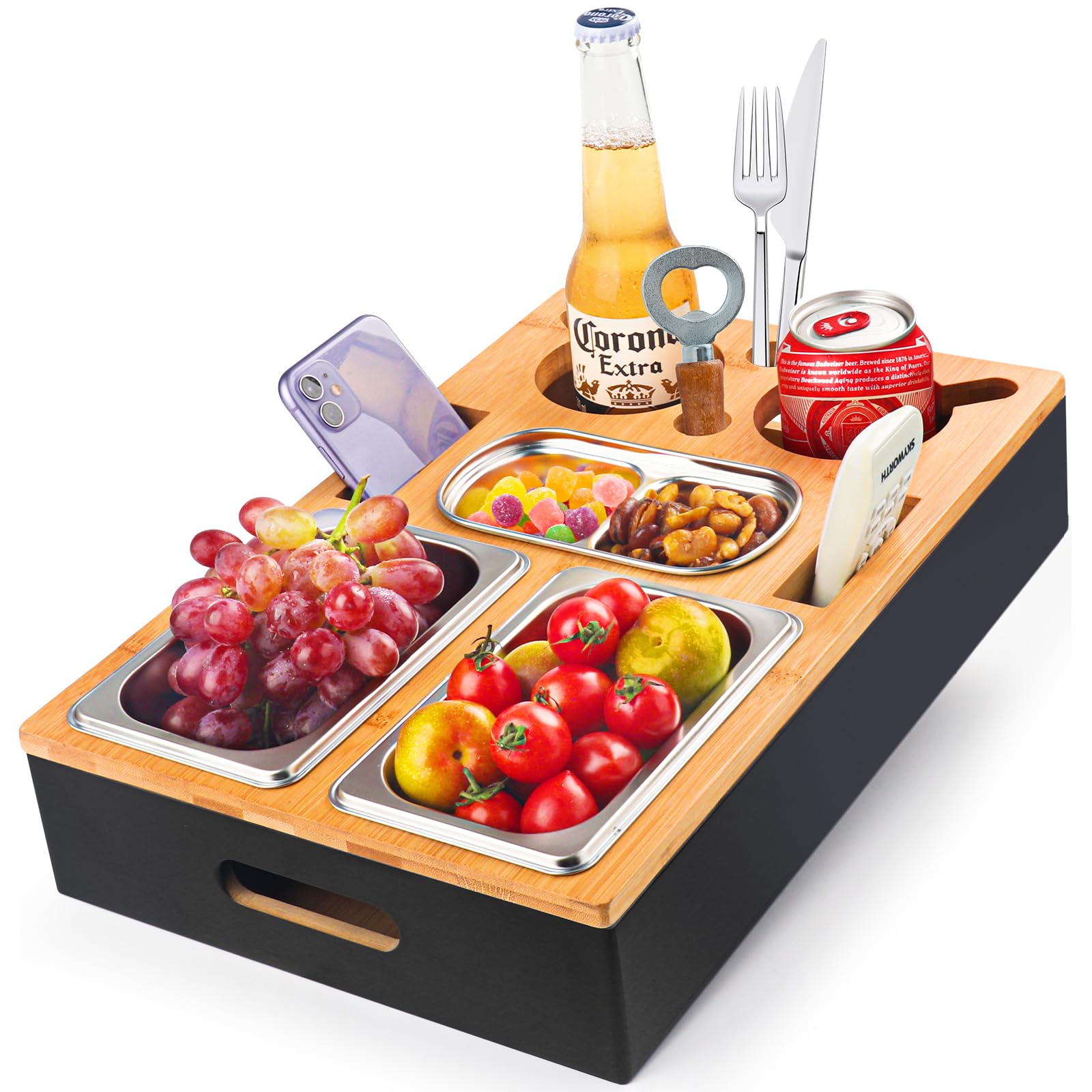 Couchbar Snackbox Sofatablett,Geburtstagsgeschenk für männer, Snackspender mit Snackschale, Getränkehalter Flaschenhalter, Snackbar Organizer Abnehmbarer Deckel für Sofa