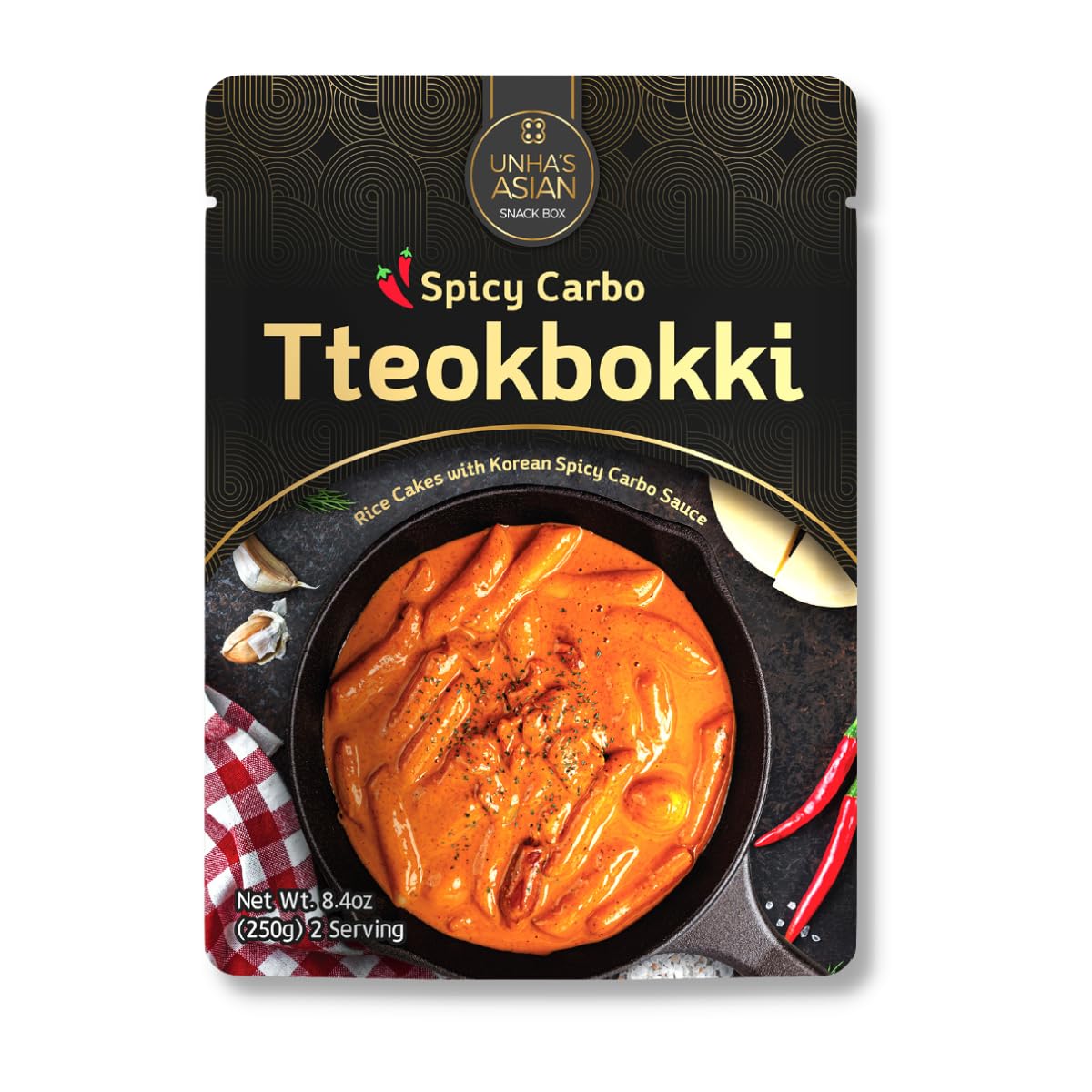 Unha's Korean Tteokbokki, Creamy Spicy Carbonara Flavor – Instant Rice Cakes with Sauce, Ready in 3 Minutes, Serves 2, 8.8oz – Easy Fusion K-Food Snack, Product of Korea