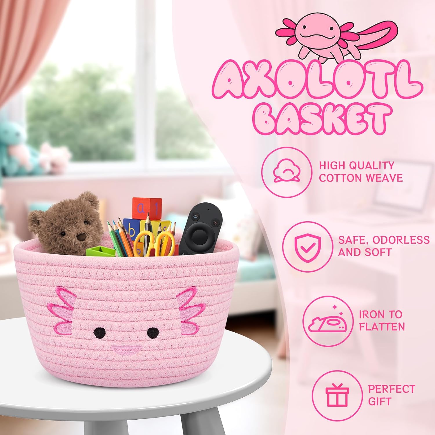 Pink Rope Basket, Cute Axolotl Woven Baskets for Storage, Pink Storage Baskets for Bedroom, Baby Shower, Cat & Dog Toys Basket, Girls Room Decor