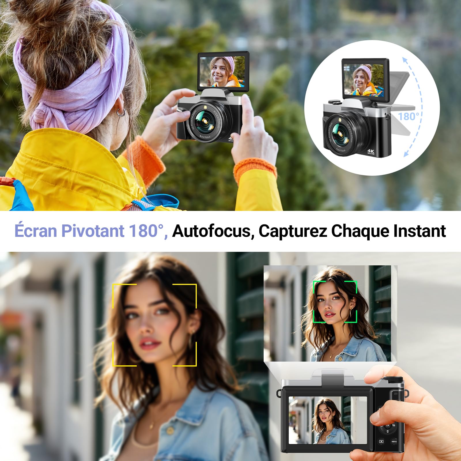 Appareil Photo Numérique avec WiFi 4K 64MP, WiFi Appareil Photo Compact avec Écran Rotatif 3” 180°, Zoom Numérique 16X, Autofocus, Flash, 2 Batteries & Carte 32GB, Idéal pour Adolescents, Débutants