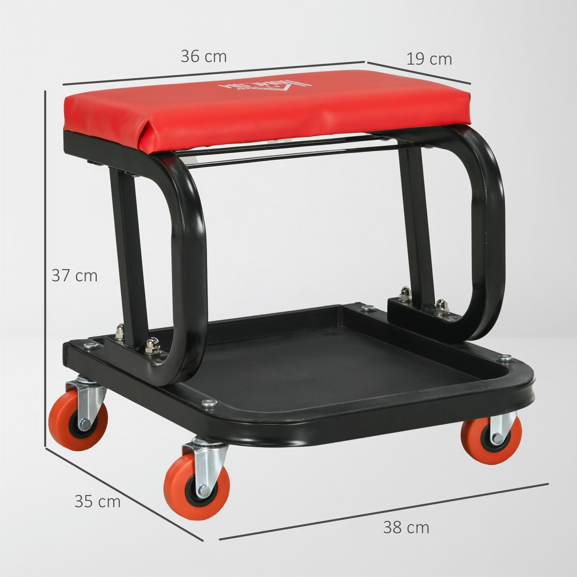 HOMCOM Taburete de Taller Móvil con Ruedas para Mecánico 100 kg Rojo | Asiento Taburete, Bandeja para Herramientas, Estructura de Acero, para Garaje, Reparación de Coches
