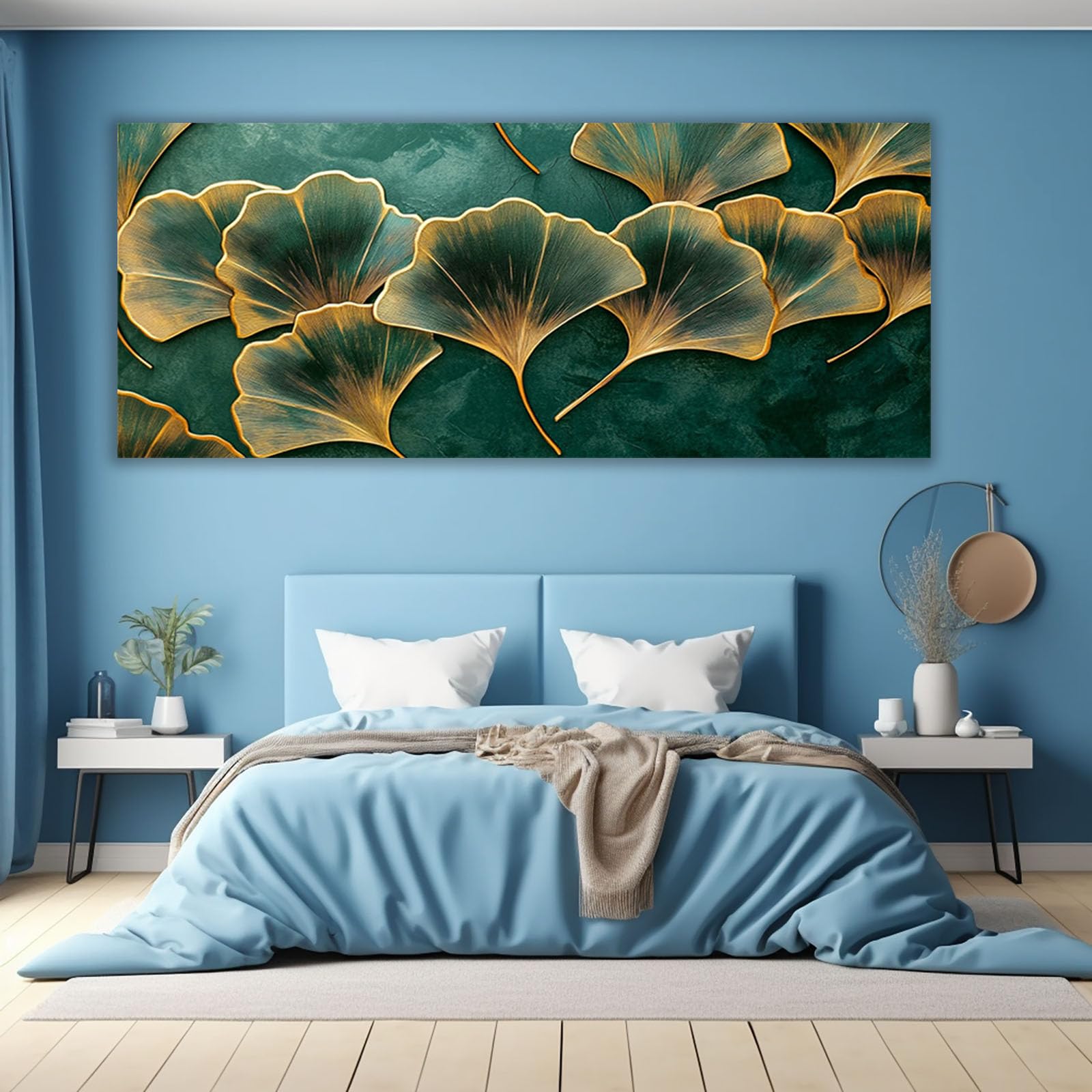 AMXBZC Nowoczesne obrazy Vintage kwiatowy dzieła sztuki na płótnie natura, zielona roślina liście plakat ścienny do salonu sypialni (zielony-70x140cm bez ramki