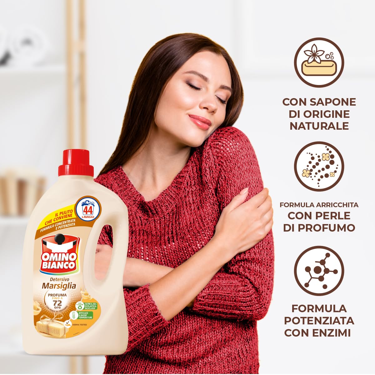 Omino Bianco - Flüssigwaschmittel für 105 Waschgänge, schont Farben und Stoffe, frischer Duft mit Essenz Herz de Marseille, 1400 ml x 3 Packungen