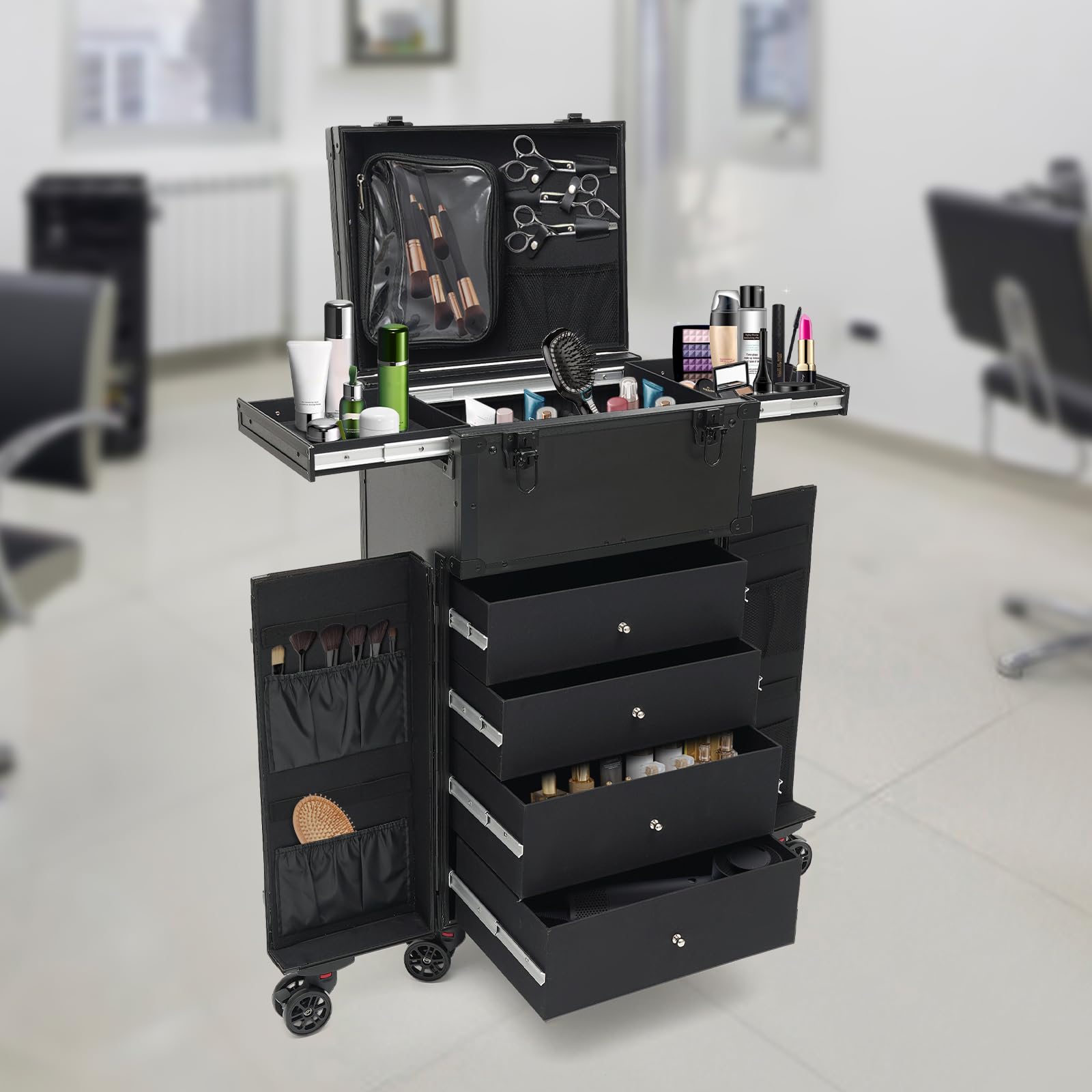 4-in-1 Kosmetikkoffer Trolley,Tragkraft 30kg,Trolley Groß Schminkkoffer mit 6 Rollen,Professionelle Kosmetik mit 4 SchubladenMultifunktional Koffer for Makeup Tattoo Nailart für Reise(schwarz)