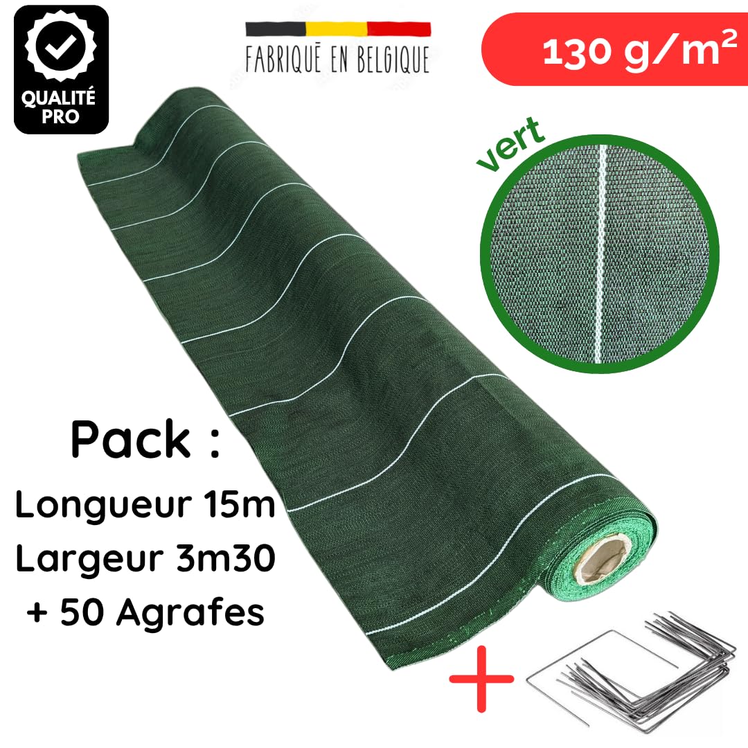 Pack Agrafes et Toile de paillage - Anti Mauvaises Herbes Longueur 15m Largeur 3,3m - Lot Bache Vert 130gr par m2 - Geotextile - Grande Largeur 3M ZENLYS