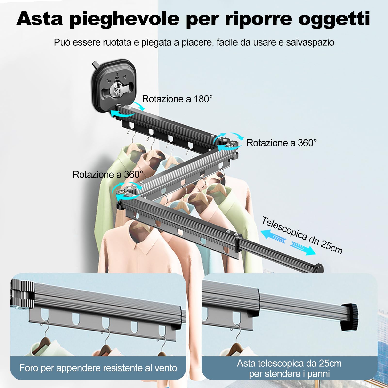 Ergocar Stendibiancheria da Parete, Pieghevole Retrattile Stendibiancheria, Girevole a 360°, Stendino Alluminio con Buchi Appesi, per Balcone, Lavanderia, Bagno