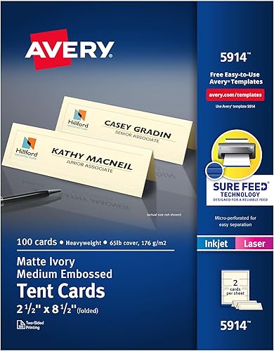 Avery Tarjetas imprimibles para tienda de campaña con tecnología Sure Feed, 2.5 x 8.5 pulgadas, marfil con borde en relieve, 100 tarjetas de lugar