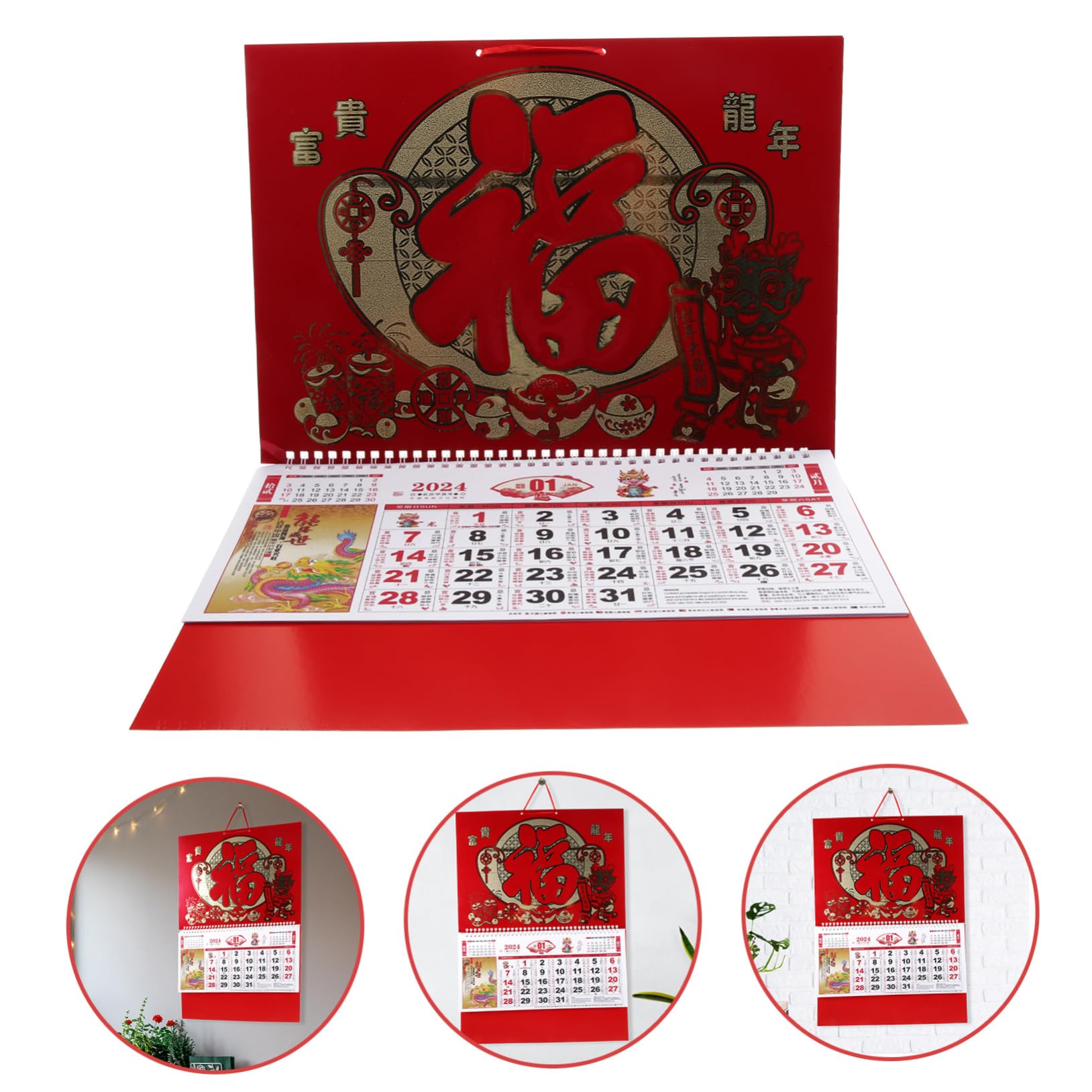 Angoily 4 Piezas Calendario Colgante Año del Dragón Decorativo con Calendario Lunar y Fechas Tradicionales para Pared de y Oficina Impresión y Resistente al Desvanecimiento